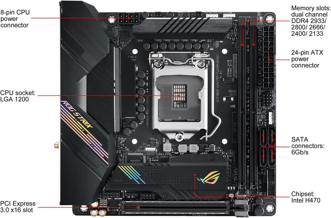 Alt view image 2 of 8 - ASUS ROG STRIX H470-I GAMING LGA 1200 Intel H470 Mini ITX Intel Motherboard