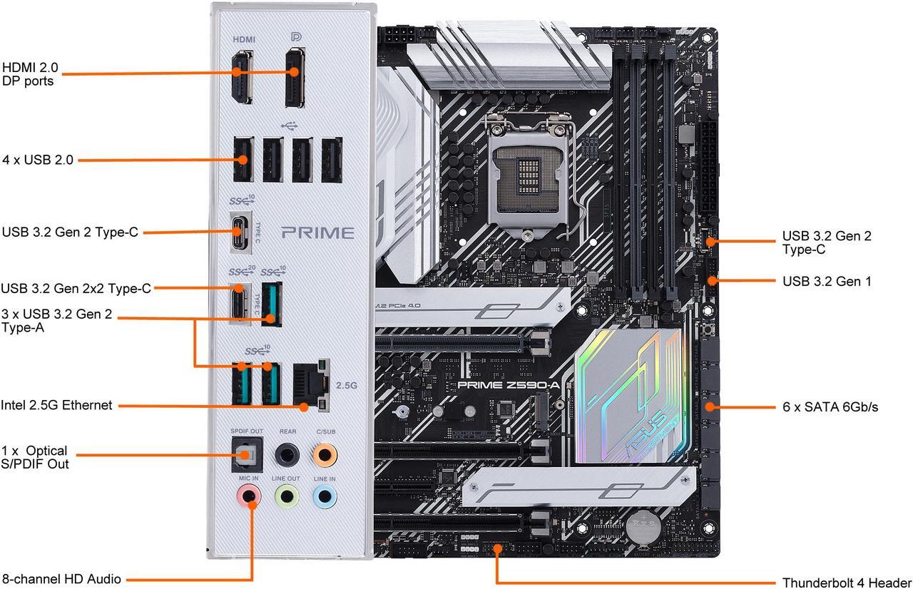 Alt view image 6 of 7 - ASUS Prime Z590-A LGA 1200 (Intel 11th/10th Gen) ATX Motherboard (14+2 DrMOS Power Stages, 3 x M.2, Intel 2.5Gb LAN, USB 3.2 Front Panel Type-C, Thunderbolt 4 Support, Aura Sync RGB Lighting)
