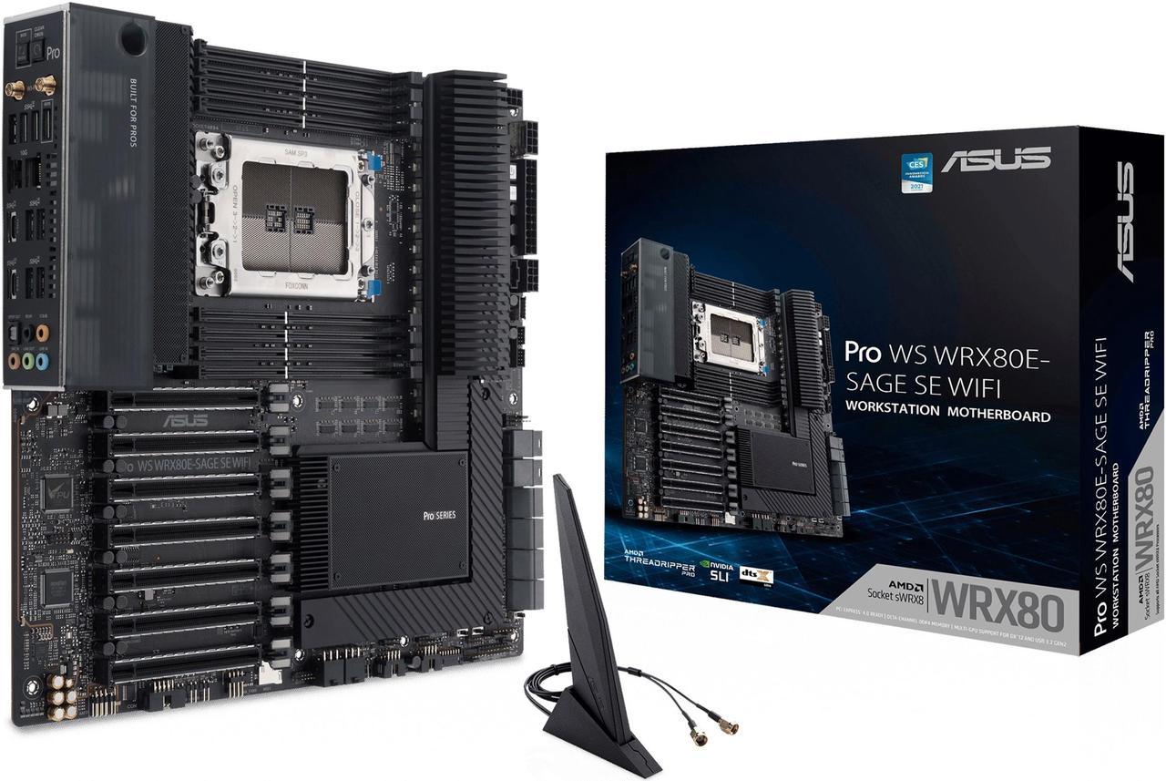 ASUS Pro WS WRX80E-SAGE SE WIFI AMD Threadripper Pro EATX workstation motherboard (PCIe 4.0, ASMB9-iKVM, 2x10Gb LAN, 7xPCIe 4.0 X16 slots, 3xM.2,2xU.2 ports, 11 USB 3.2 Gen 2 ports,8-channel DDR4 ECC)