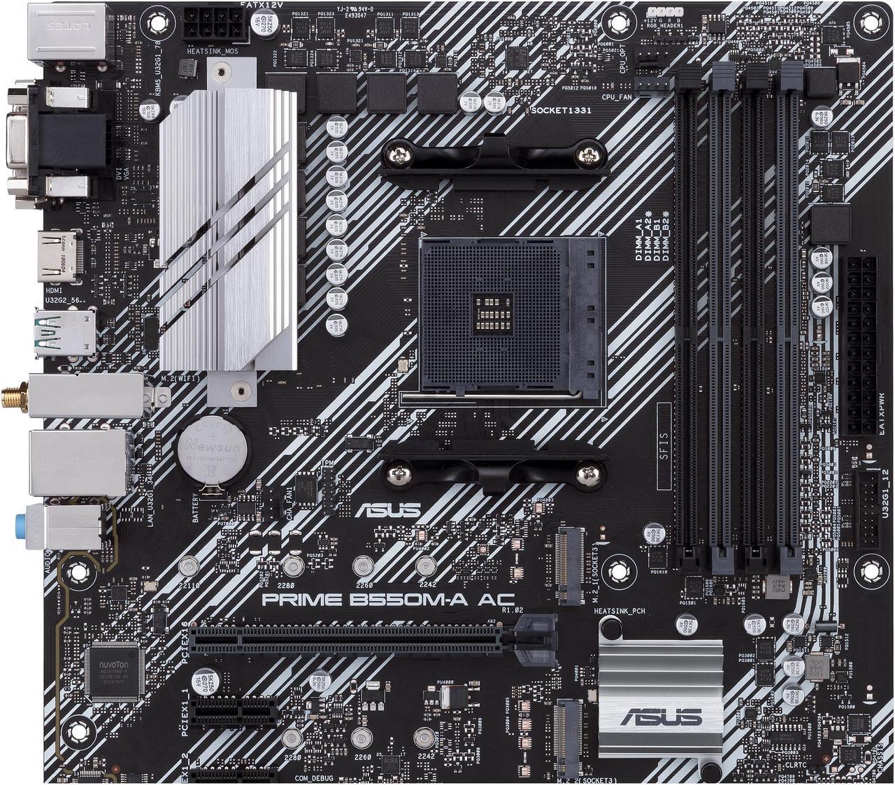 ASUS PRIME B550M-A AC AMD AM4 mATX motherboard with impressive features, including PCIe 4.0, dual M.2 slots, WiFi, HDMI, D-Sub, DVI, SATA 6 Gbps, USB 3.2 Gen 2 ports, and Aura Sync RGB lighting