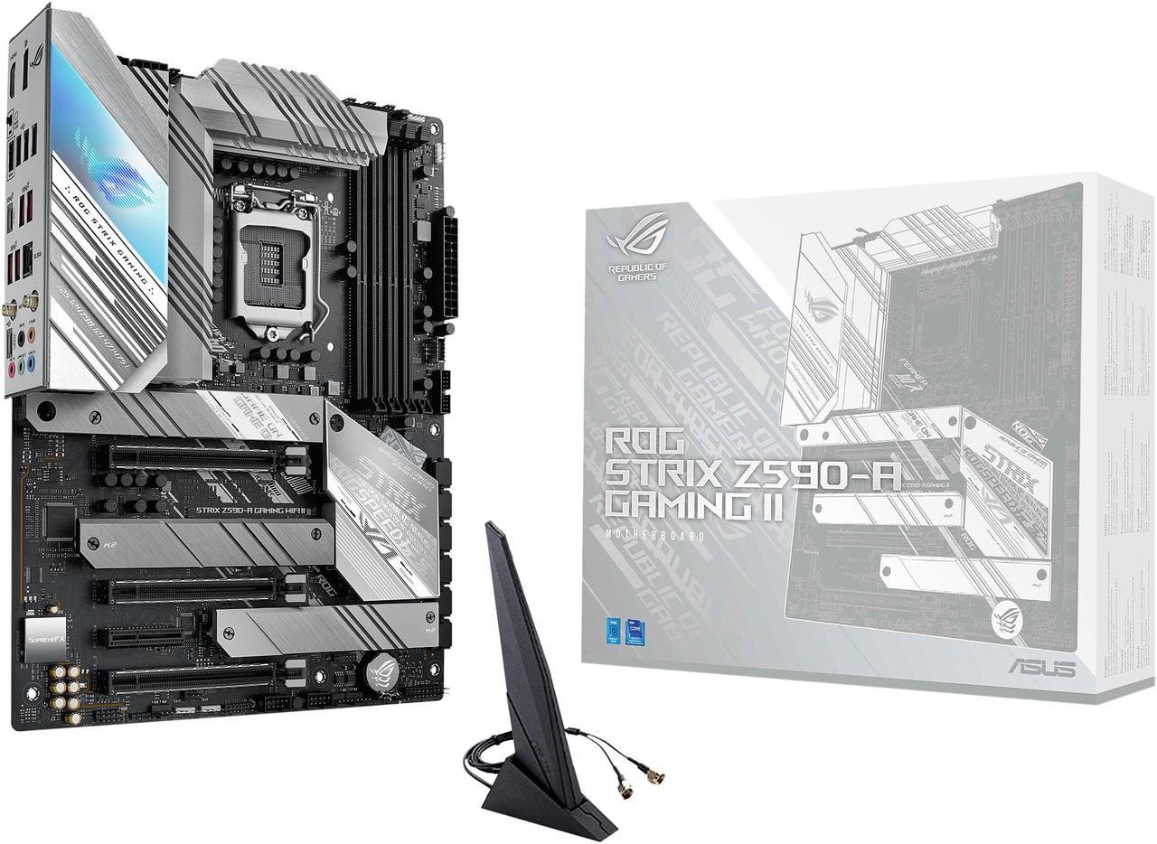 Asus ROG Strix Z590-A Gaming WiFi II Intel®Z590 LGA 1200 ATX motherboard with PCIe 4.0, 14+2 teamed power stages, Two-Way AI Noise Cancelation, AI Overclocking, AI Cooling, AI Networking, WiFi 6 (802.11ax), Intel® 2.5 Gb Ethernet.