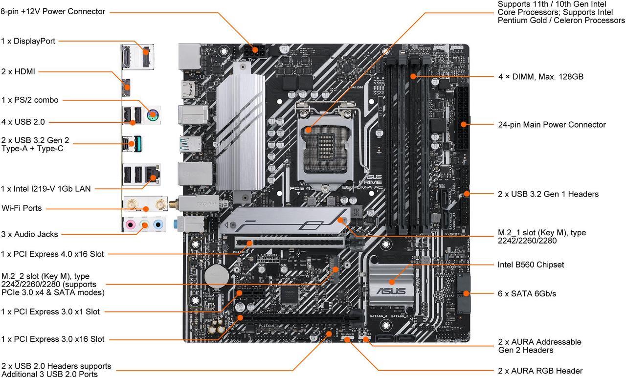 Alt view image 2 of 7 - ASUS PRIME B560M-A AC LGA 1200 Intel B560 Micro ATX Intel Motherboard