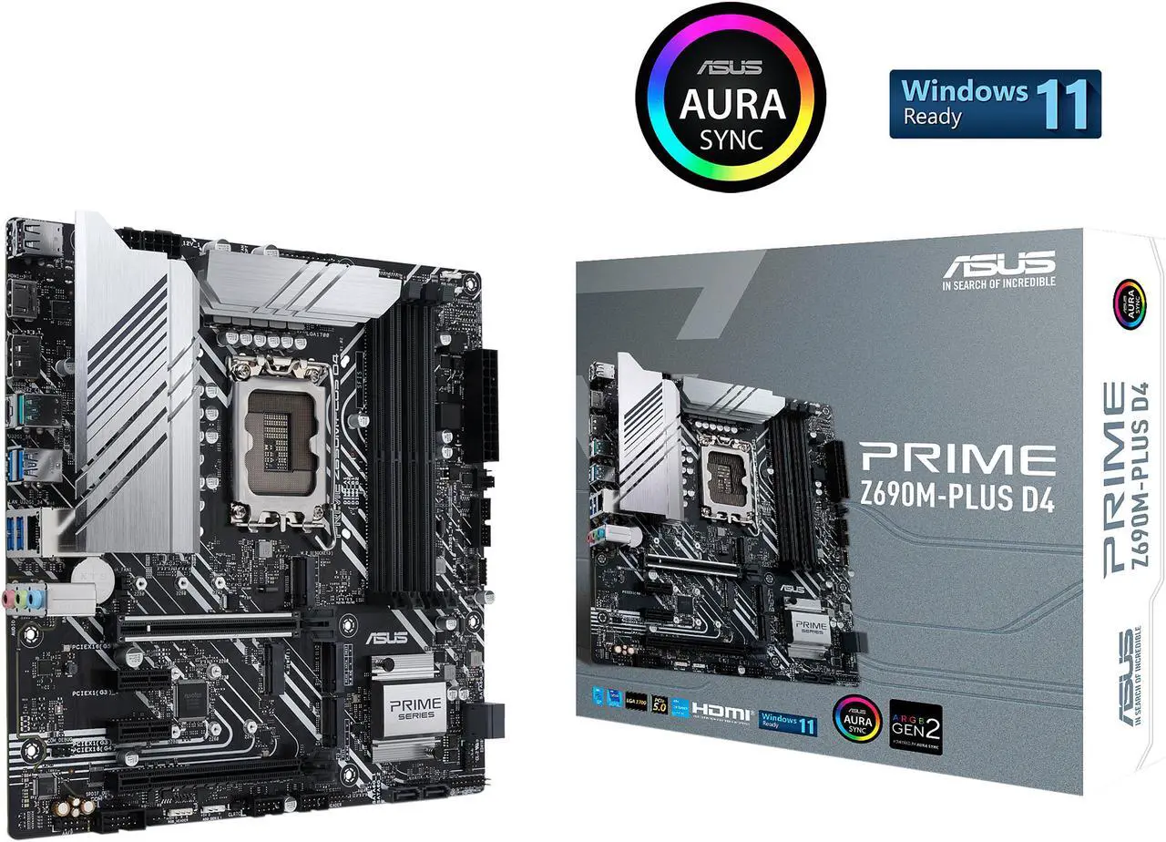 Main image of ASUS Prime Z690M-Plus D4 LGA 1700(Intel® 12th&13th Gen) microATX motherboard (PCIe 5.0,DDR4,10+1 Power Stages,3x M.2,1Gb LAN,USB 3.2 Gen 2x2 Type-C®,front USB 3.2 Gen 1 Type-C®connector,Thunderbolt™ 4 support,Arua Sync)