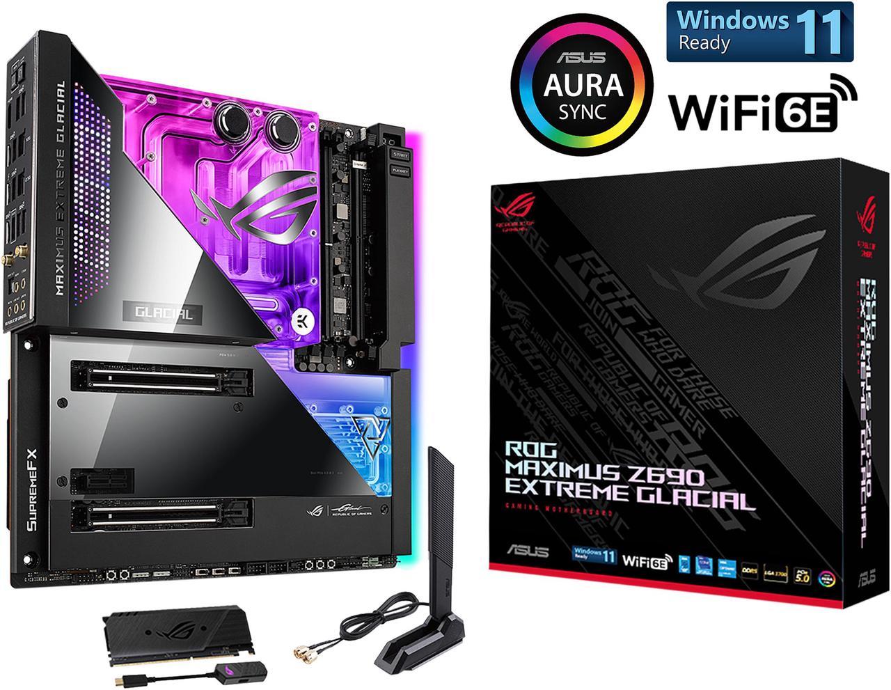 ASUS ROG Maximus Z690 Extreme Glacial (WiFi 6E) LGA 1700(Intel® 12th&13th Gen) EATX gaming motherboard (Integrated EK® Ultrablock,PCIe 5.0,DDR5,24+1 105A power stages,5x M.2,1xPCIe 5.0 M.2,10Gb&2.5Gb LAN,2xThunderbolt 4 onboard.)