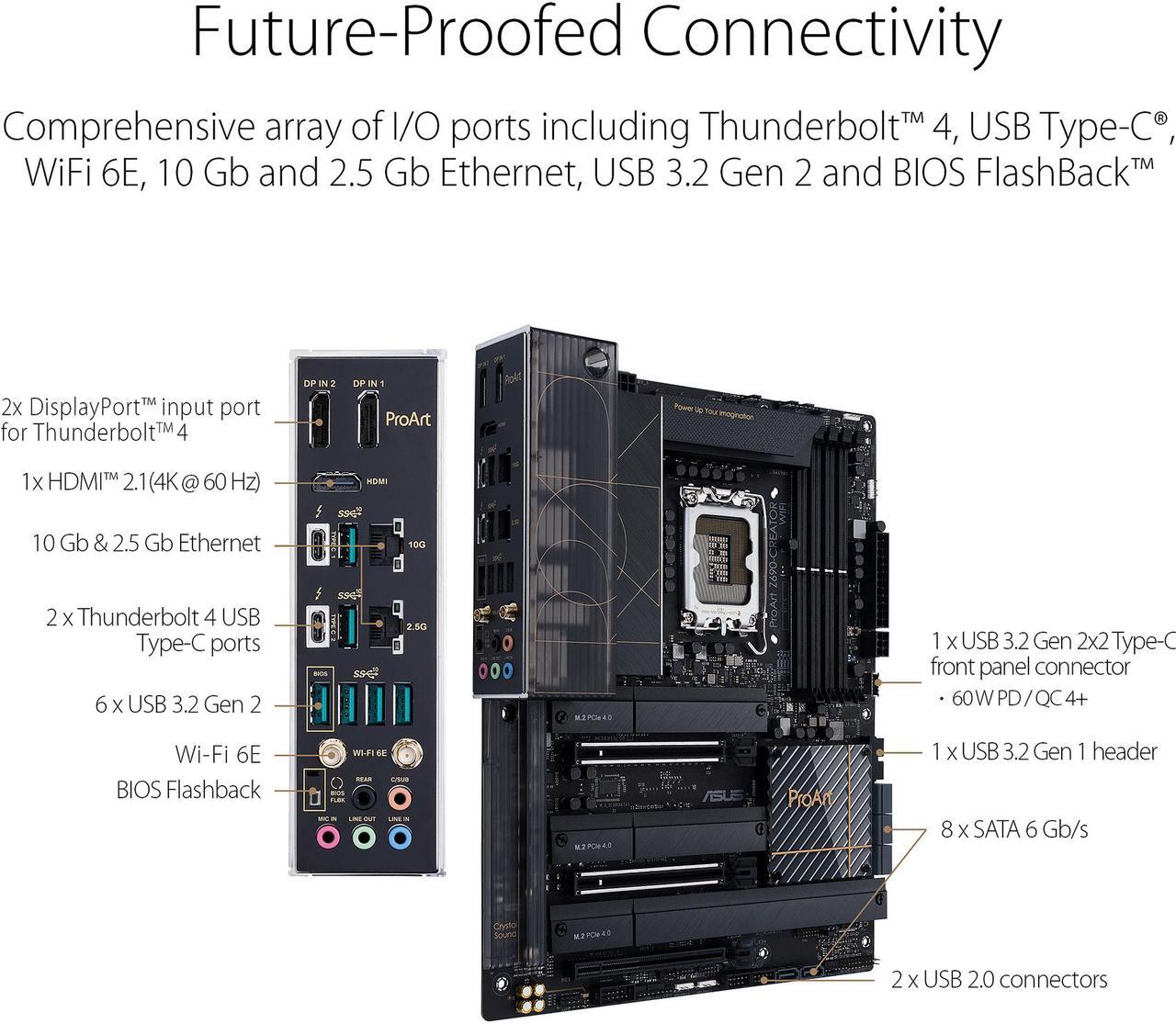 Alt view image 5 of 7 - ASUS ProArt Z690-Creator WiFi 6E LGA 1700(Intel® 12th&13th Gen) ATX content creator motherboard(PCIe 5.0,DDR5,2x Thunderbolt™ 4 Type-C ports,10G&2.5G LAN,4xM.2/NVMe SSD,front panel USB 3.2 Gen2x2 Type-C ports with 60W fast charging support)