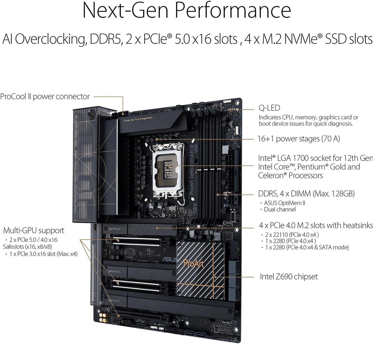Alt view image 4 of 7 - ASUS ProArt Z690-Creator WiFi 6E LGA 1700(Intel® 12th&13th Gen) ATX content creator motherboard(PCIe 5.0,DDR5,2x Thunderbolt™ 4 Type-C ports,10G&2.5G LAN,4xM.2/NVMe SSD,front panel USB 3.2 Gen2x2 Type-C ports with 60W fast charging support)
