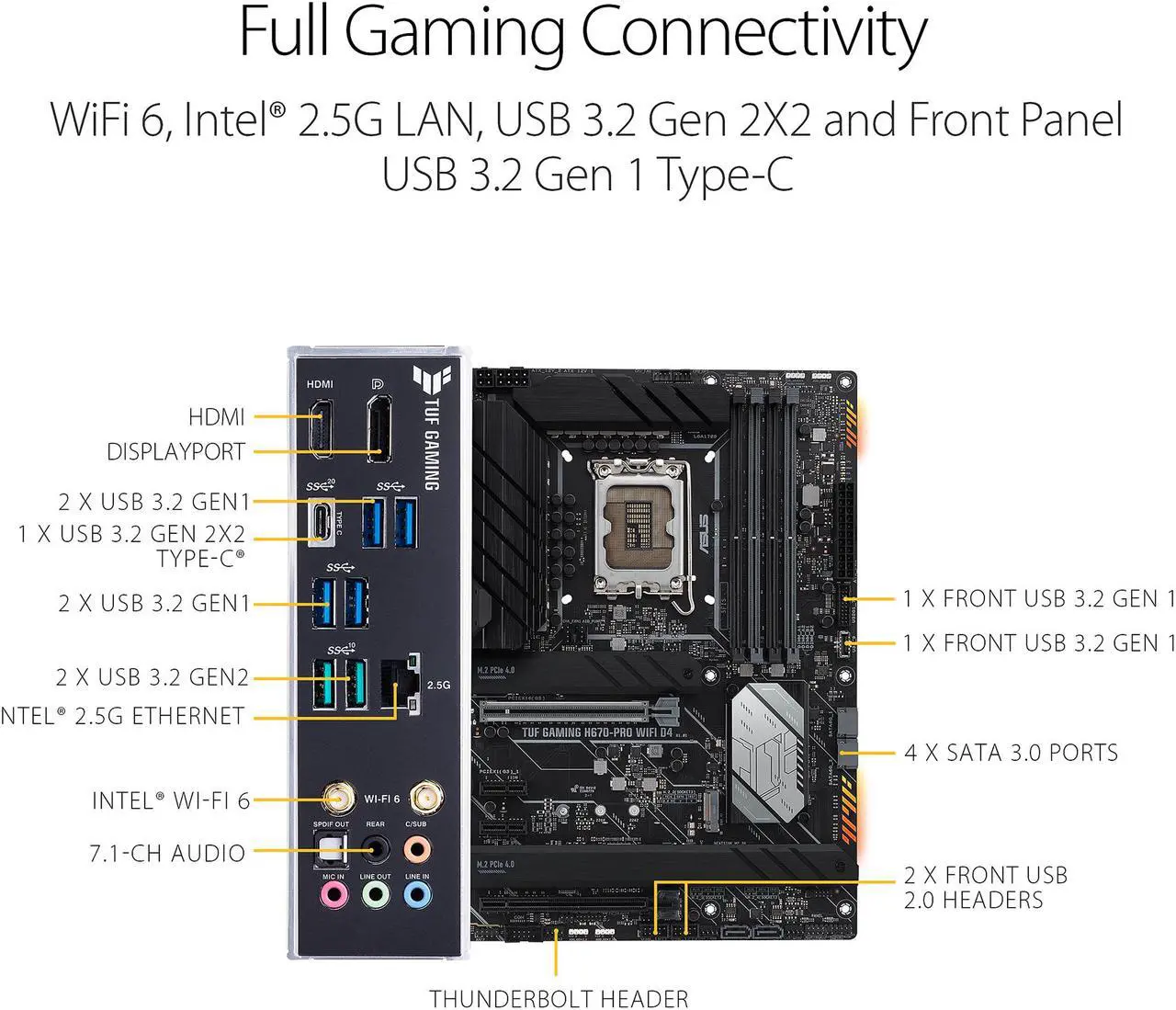 Alt view image 6 of 7 - ASUS TUF GAMING H670-PRO WIFI D4 LGA 1700 (Intel 12th &13th Gen) ATX Gaming Motherboard (PCIe 5.0, DDR4, 14+1 DrMOS, 4xPCIe 4.0 M.2 Slots, WiFi 6, 2.5 Gb LAN, Front USB 3.2 Gen 1 Type-C)