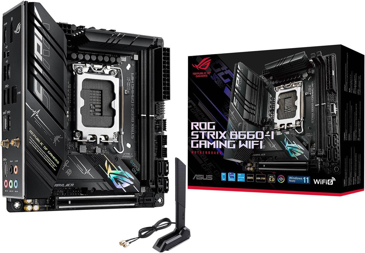 ASUS ROG STRIX B660-I GAMING WIFI LGA 1700 (Intel 12th & 13th Gen) Mini-ITX Gaming Motherboard (PCIe 5.0, 8+1 power stages, DDR5, WiFi 6, 2.5 Gb LAN, 2xM.2 PCIe 4.0 NVMe SSD support, USB 3.2 Gen 2x2 Type-C)