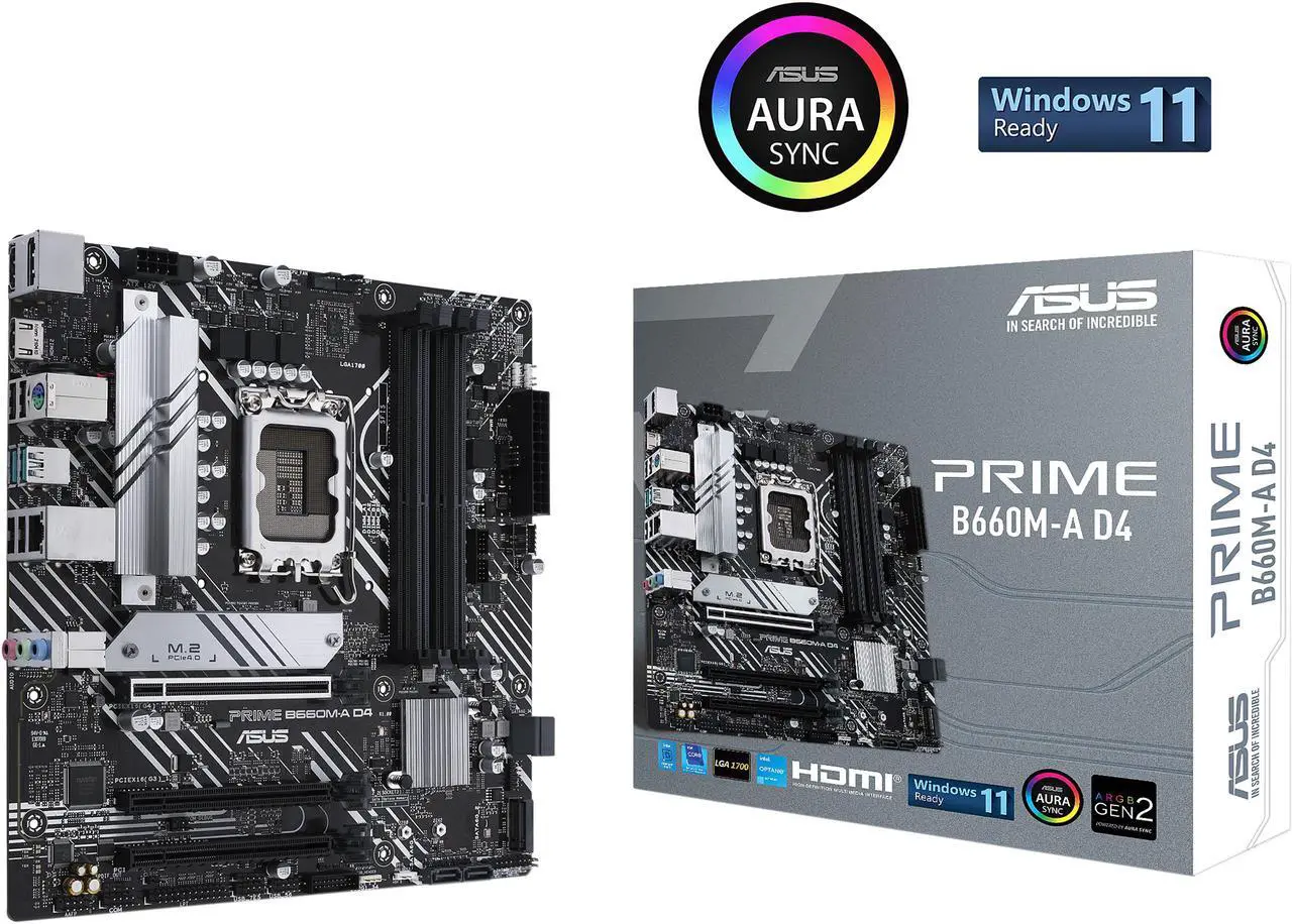 Main image of ASUS PRIME B660M-A D4 LGA 1700 (Intel 12th & 13th Gen) mATX Motherboard (PCIe 4.0, DDR4, 2xM.2 slots, 1Gb LAN, DP, 2 x HDMI, rear USB 3.2 Gen 2, front USB 3.2 Gen 1 Type-C, Aura Sync)