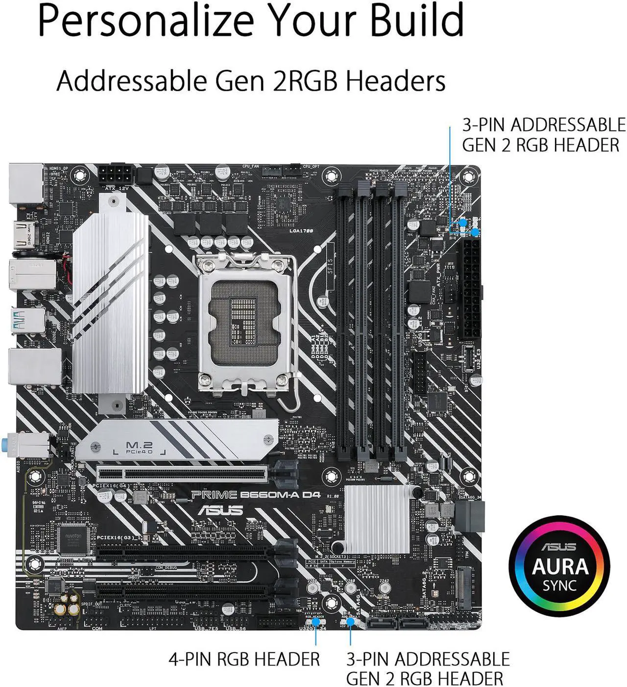 Alt view image 2 of 6 - ASUS PRIME B660M-A D4 LGA 1700 (Intel 12th & 13th Gen) mATX Motherboard (PCIe 4.0, DDR4, 2xM.2 slots, 1Gb LAN, DP, 2 x HDMI, rear USB 3.2 Gen 2, front USB 3.2 Gen 1 Type-C, Aura Sync)