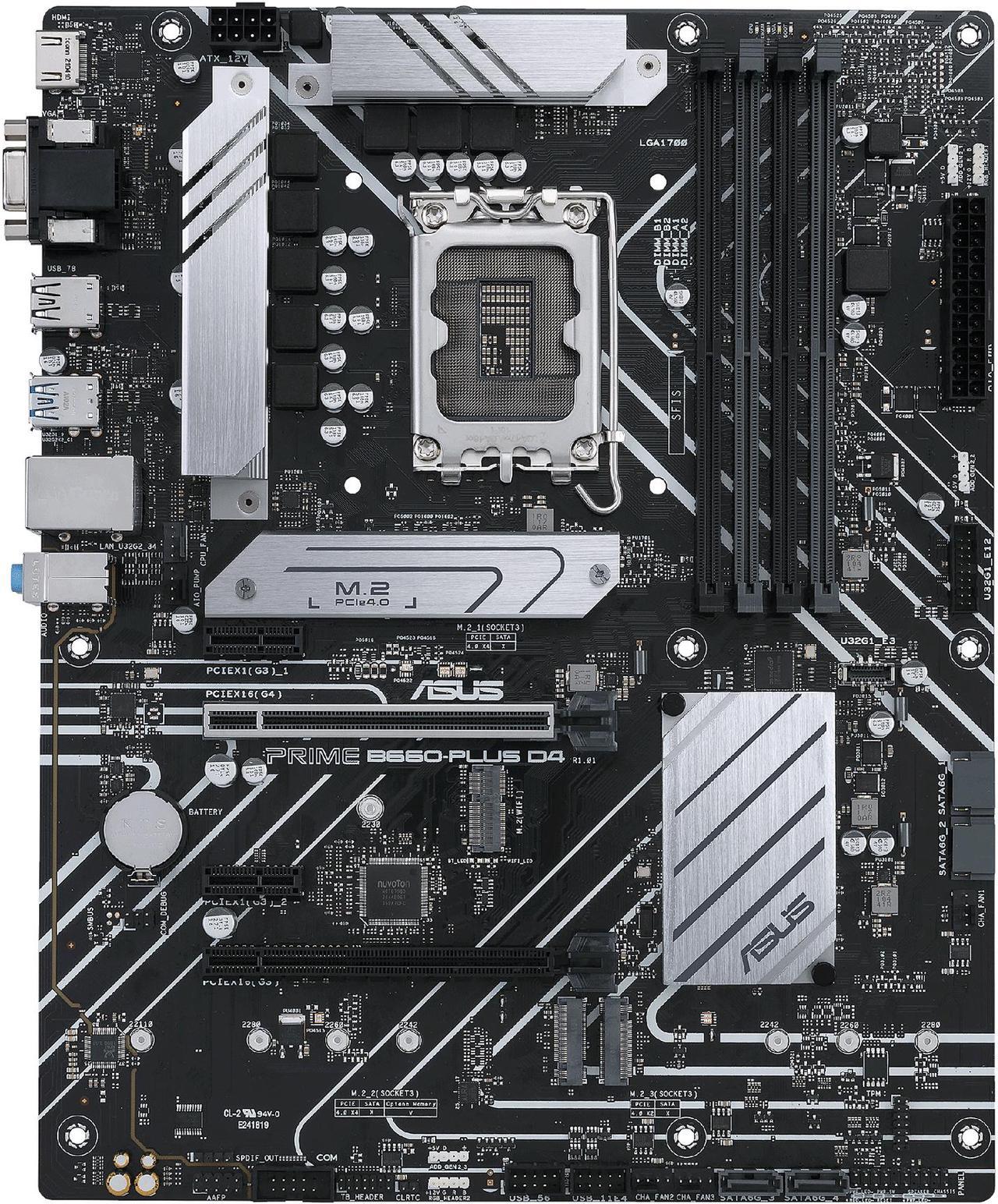 Main image of ASUS PRIME B660-PLUS D4 LGA 1700 (Intel 12th & 13th Gen) ATX Motherboard (PCIe 4.0, DDR4, 3xM.2 slots, 2.5Gb LAN, rear USB 3.2 Gen 2x2 Type-C, front USB 3.2 Gen 1 Type-C)