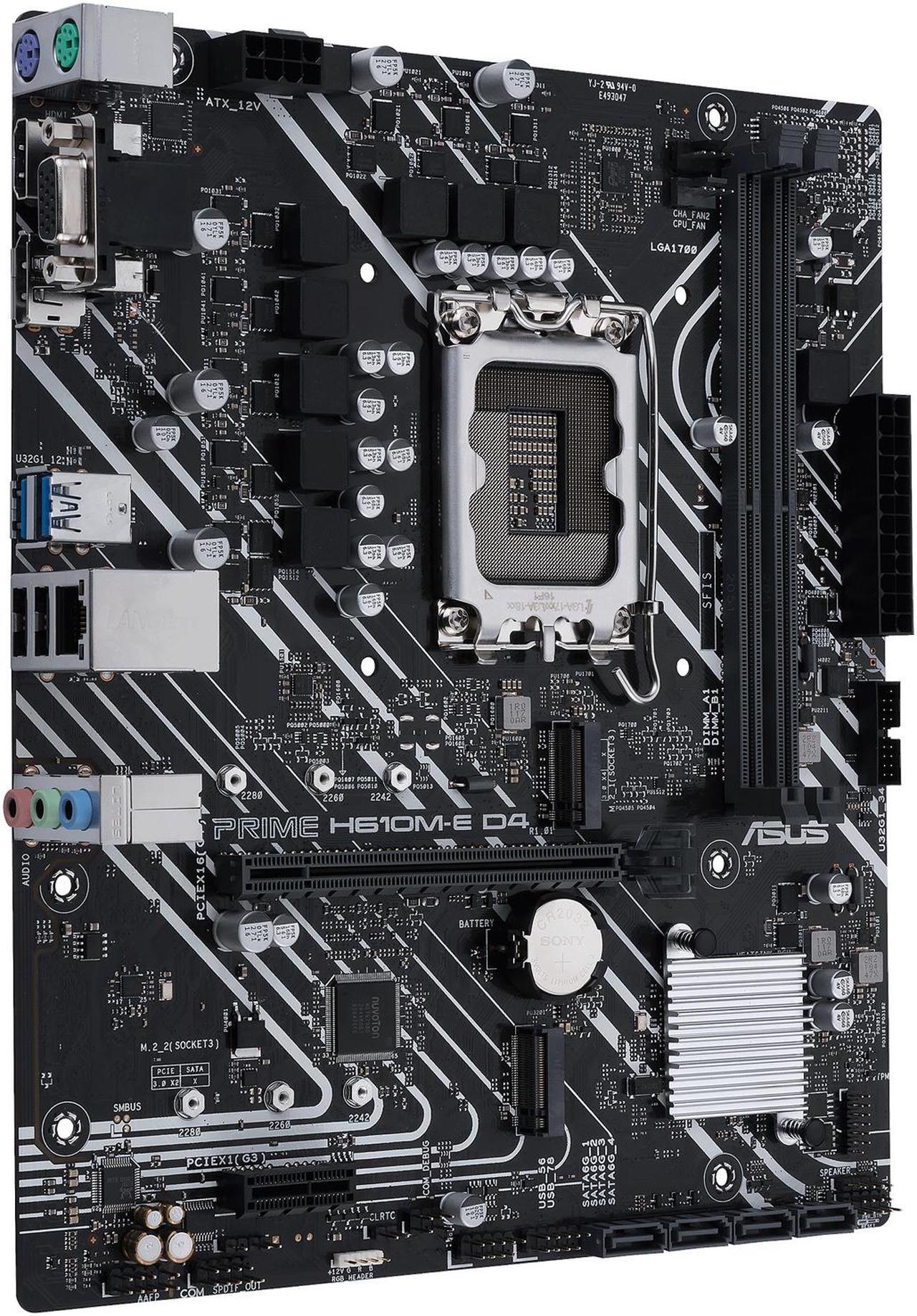 Alt view image 3 of 8 - ASUS PRIME H610M-E D4 LGA 1700 (Intel 12th & 13th Gen) mATX Motherboard (PCIe 4.0, DDR4, 2xM.2 slots, 1Gb LAN, DisplayPort/HDMI/D-Sub, USB 3.2 Gen 1 ports, SATA 6 Gbps, COM header, RGB header)