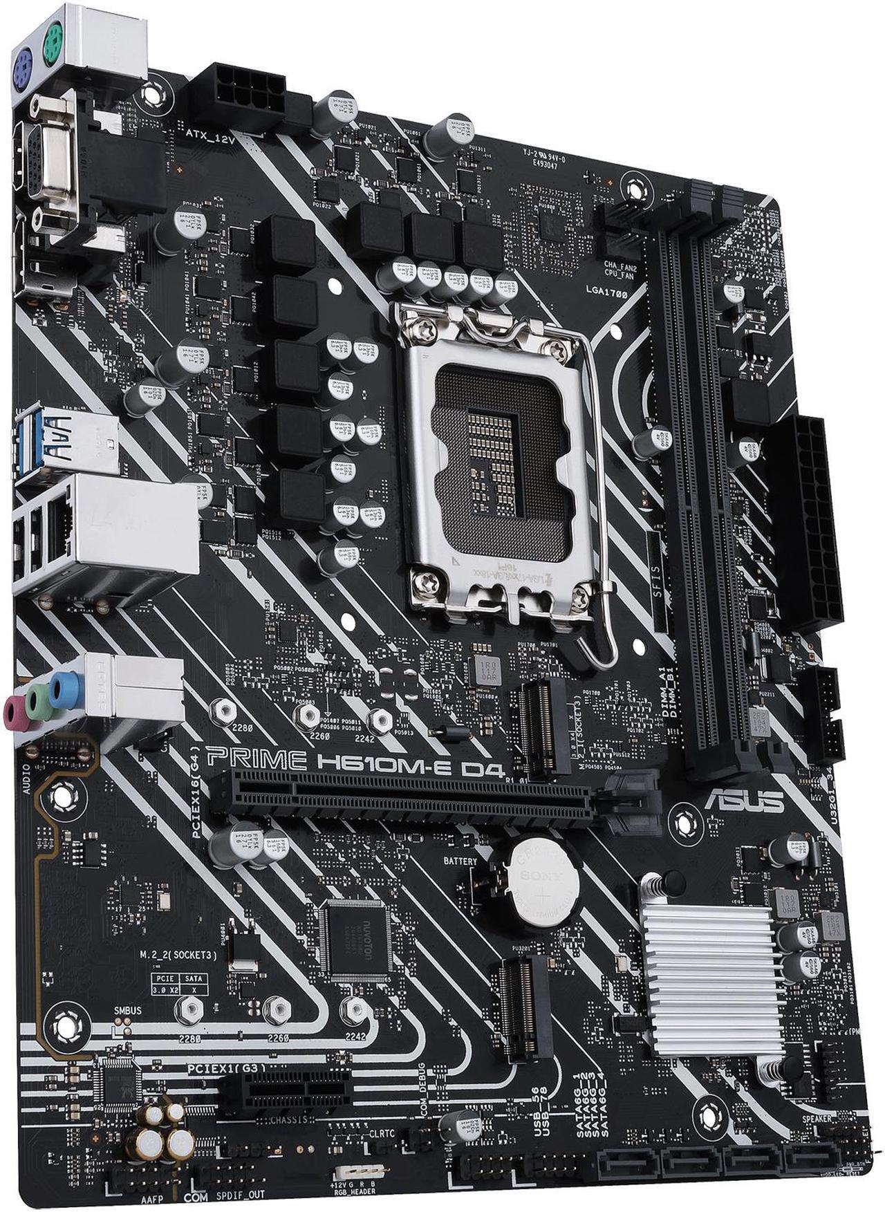 Alt view image 4 of 8 - ASUS PRIME H610M-E D4 LGA 1700 (Intel 12th & 13th Gen) mATX Motherboard (PCIe 4.0, DDR4, 2xM.2 slots, 1Gb LAN, DisplayPort/HDMI/D-Sub, USB 3.2 Gen 1 ports, SATA 6 Gbps, COM header, RGB header)