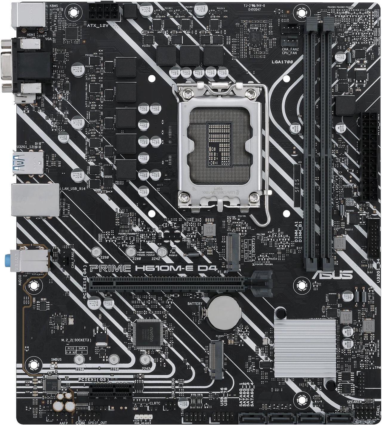 Main image of ASUS PRIME H610M-E D4 LGA 1700 (Intel 12th & 13th Gen) mATX Motherboard (PCIe 4.0, DDR4, 2xM.2 slots, 1Gb LAN, DisplayPort/HDMI/D-Sub, USB 3.2 Gen 1 ports, SATA 6 Gbps, COM header, RGB header)