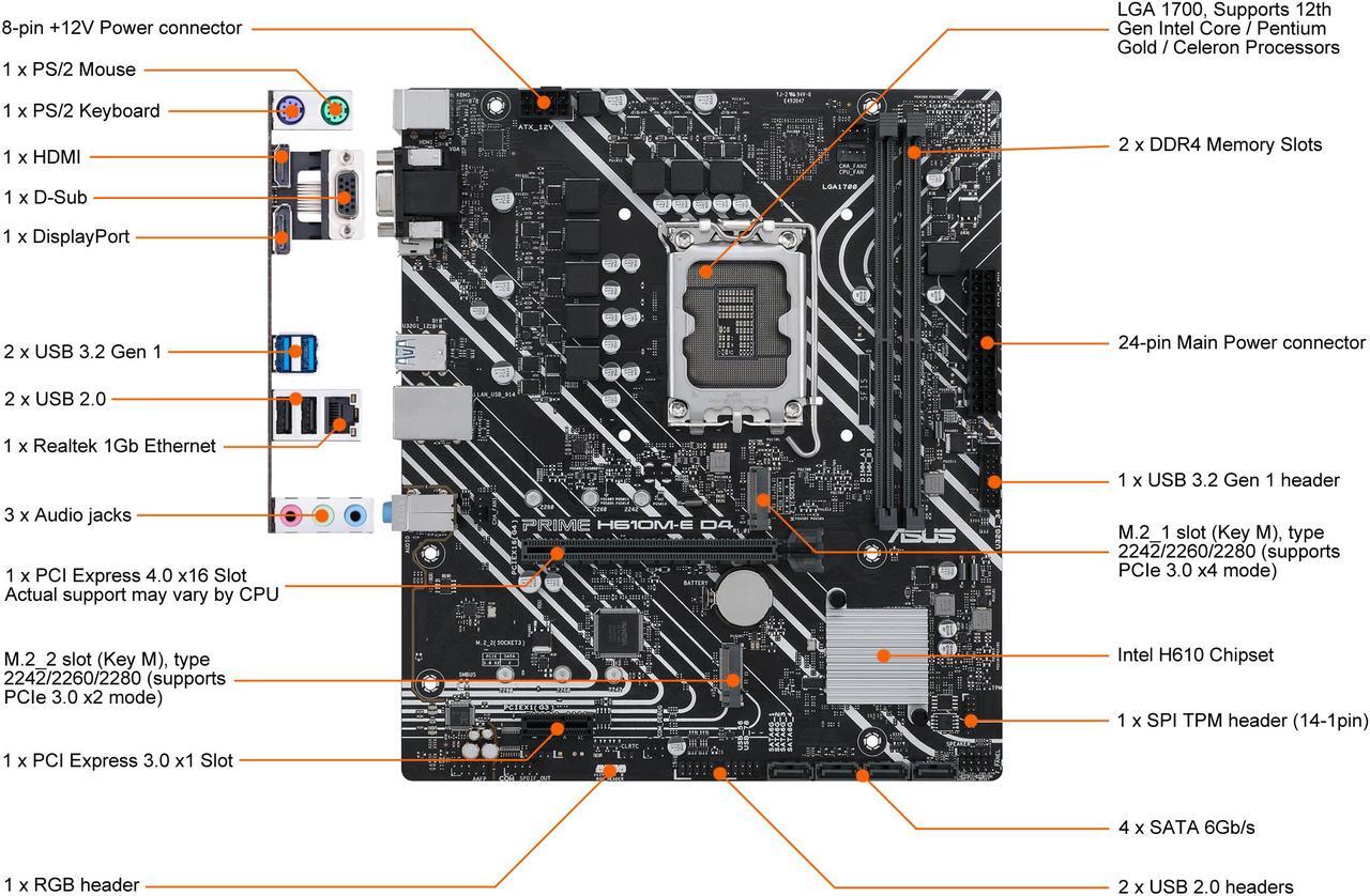 Alt view image 2 of 8 - ASUS PRIME H610M-E D4 LGA 1700 (Intel 12th & 13th Gen) mATX Motherboard (PCIe 4.0, DDR4, 2xM.2 slots, 1Gb LAN, DisplayPort/HDMI/D-Sub, USB 3.2 Gen 1 ports, SATA 6 Gbps, COM header, RGB header)