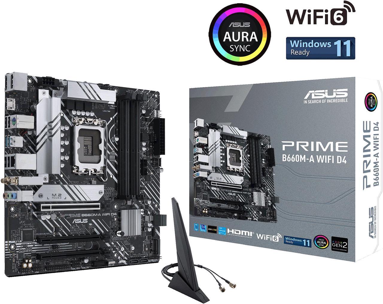 ASUS PRIME B660M-A WIFI D4 LGA 1700 (Intel 12th & 13th Gen) mATX Motherboard (PCIe 4.0, Intel Wi-Fi 6, DDR4, 2xM.2 slots, 1Gb LAN, DP, 2x HDMI, rear USB 3.2 Gen 2, front USB 3.2 Gen 1 Type-C, Aura Sync)