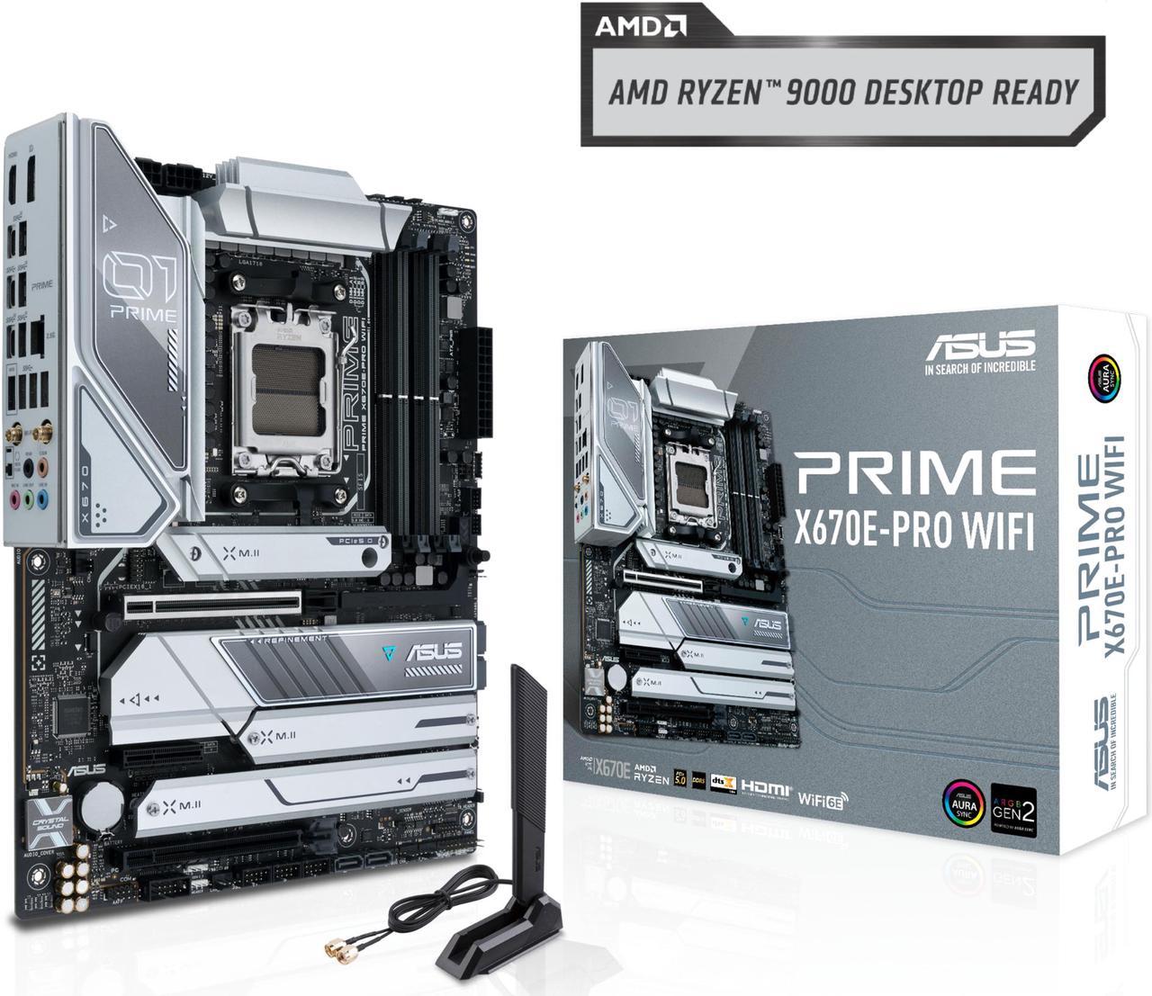 ASUS PRIME X670E-PRO WIFI AMD X670 AM5 Ryzen Desktop 9000 8000 & 7000 ATX motherboard with PCIe 5.0, four M.2 slots, DDR5 slots, USB 3.2 Gen 2x2 Type-C, USB4 support, WIFI 6E, and 2.5G Ethernet