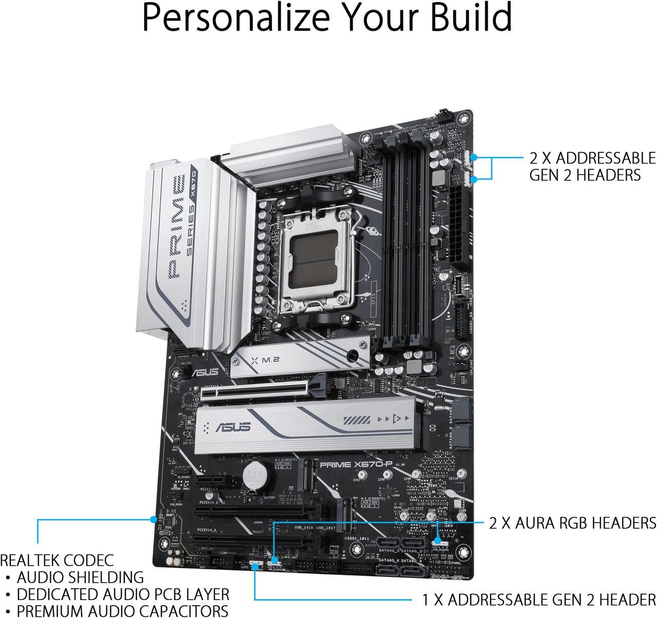 Alt view image 2 of 5 - ASUS Prime X670-P Socket AM5 (LGA 1718) Ryzen 7000 ATX Motherboard (DDR5, 3xM.2 Slots, USB 3.2 Gen 2x2 Type-C, USB4 Header, and 2.5Gb Ethernet)