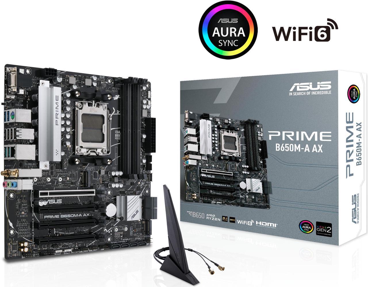 ASUS Prime B650M-A AX AMD B650(Ryzen 7000) Micro-ATX motherboard(DDR5, PCIe 5.0 M.2 support, 2.5Gb Ethernet, Wi-Fi 6, DisplayPort, HDMI ,USB 3.2 Gen 2 ports, front USB 3.2 Gen 1 Type-C, BIOS FlashBack, CEC Tier II ready)