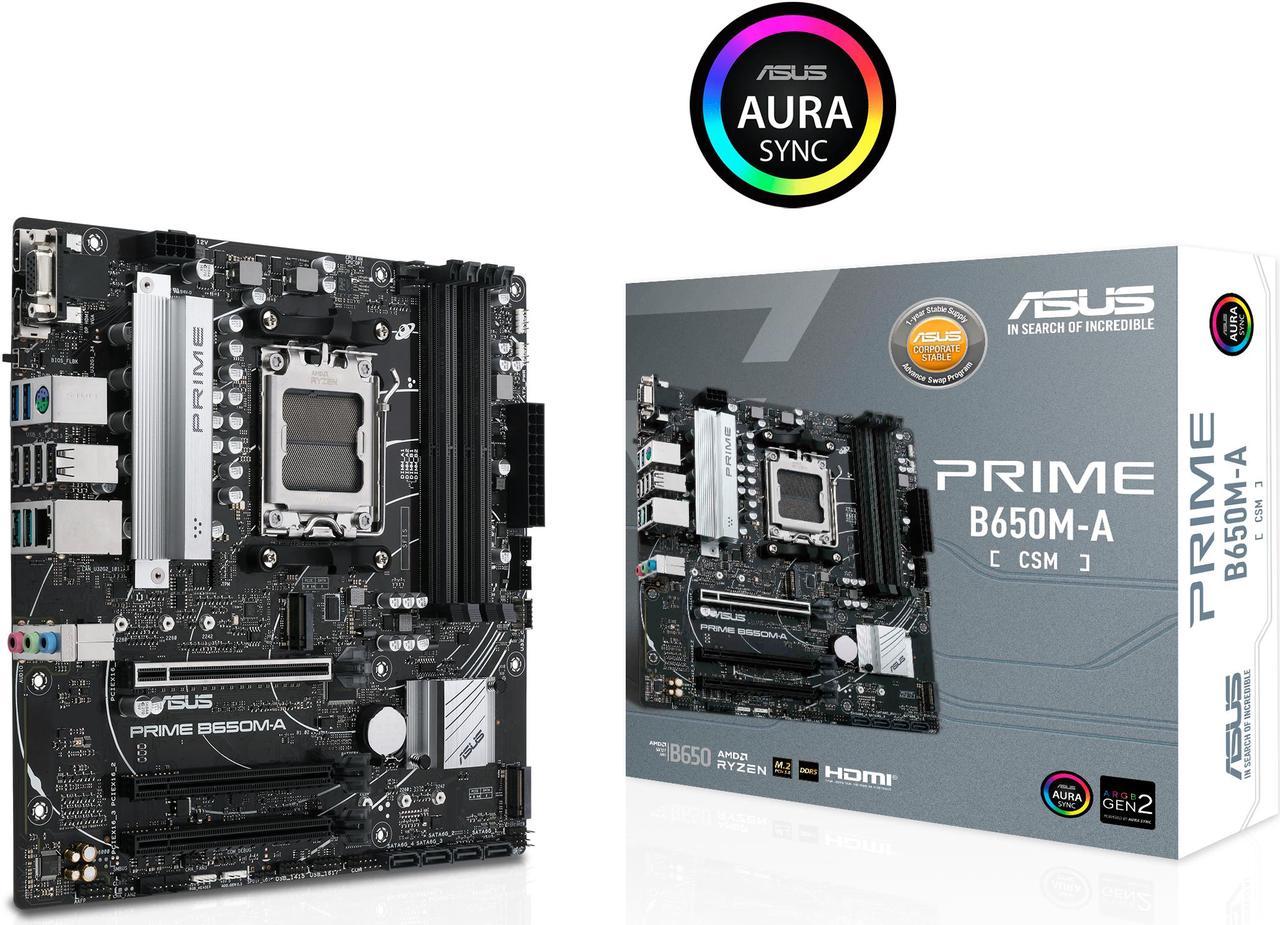 ASUS PRIME B650M-A-CSM Micro-ATX commercial motherboard, DDR5, PCIe 5.0 M.2 support, Realtek 2.5Gb Ethernet, DisplayPort, VGA, HDMI®, SATA 6 Gbps, USB 3.2 Gen 2 ports, front USB 3.2 Gen 1 Type-C®, BIOS FlashBack™, Arua Sync