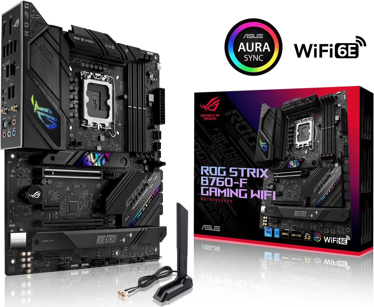 ASUS ROG Strix B760-F Gaming WiFi Intel B760(13th and 12th Gen) LGA 1700 ATX motherboard, 16 + 1 power stages, DDR5 up to 7800 MT/s, PCIe 5.0, three M.2 slots, WiFi 6E, USB 3.2 Gen 2x2 Type-C®, and Aura Sync RGB