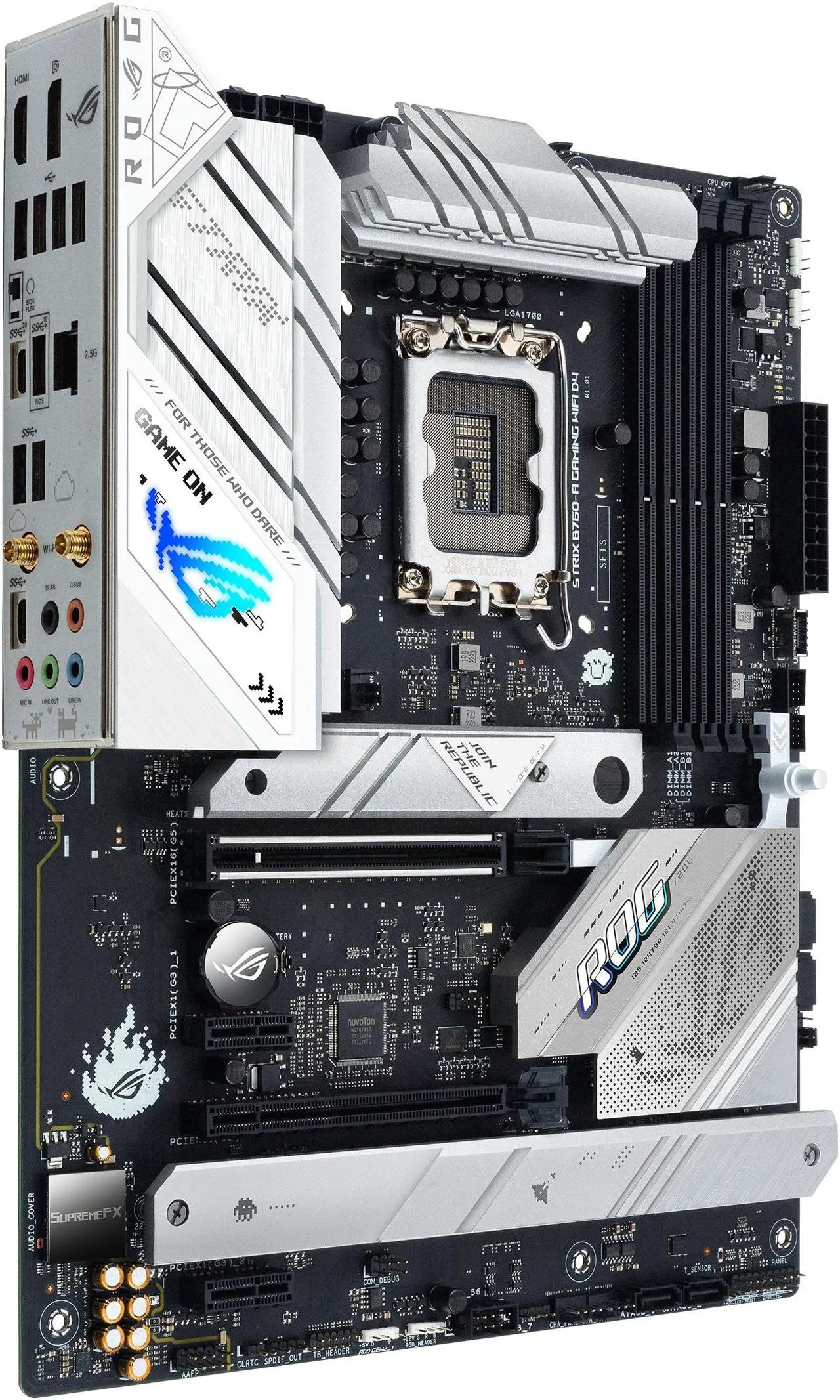 Alt view image 3 of 6 - ASUS ROG Strix B760-A Gaming WiFi D4 Intel B760 (13th and 12th Gen)   LGA 1700 white ATX motherboard, 12 + 1 power stages, DDR4, PCIe 5.0, three M.2 slots, WiFi 6E, USB 3.2 Gen 2x2 Type-C, and Aura Sync RGB