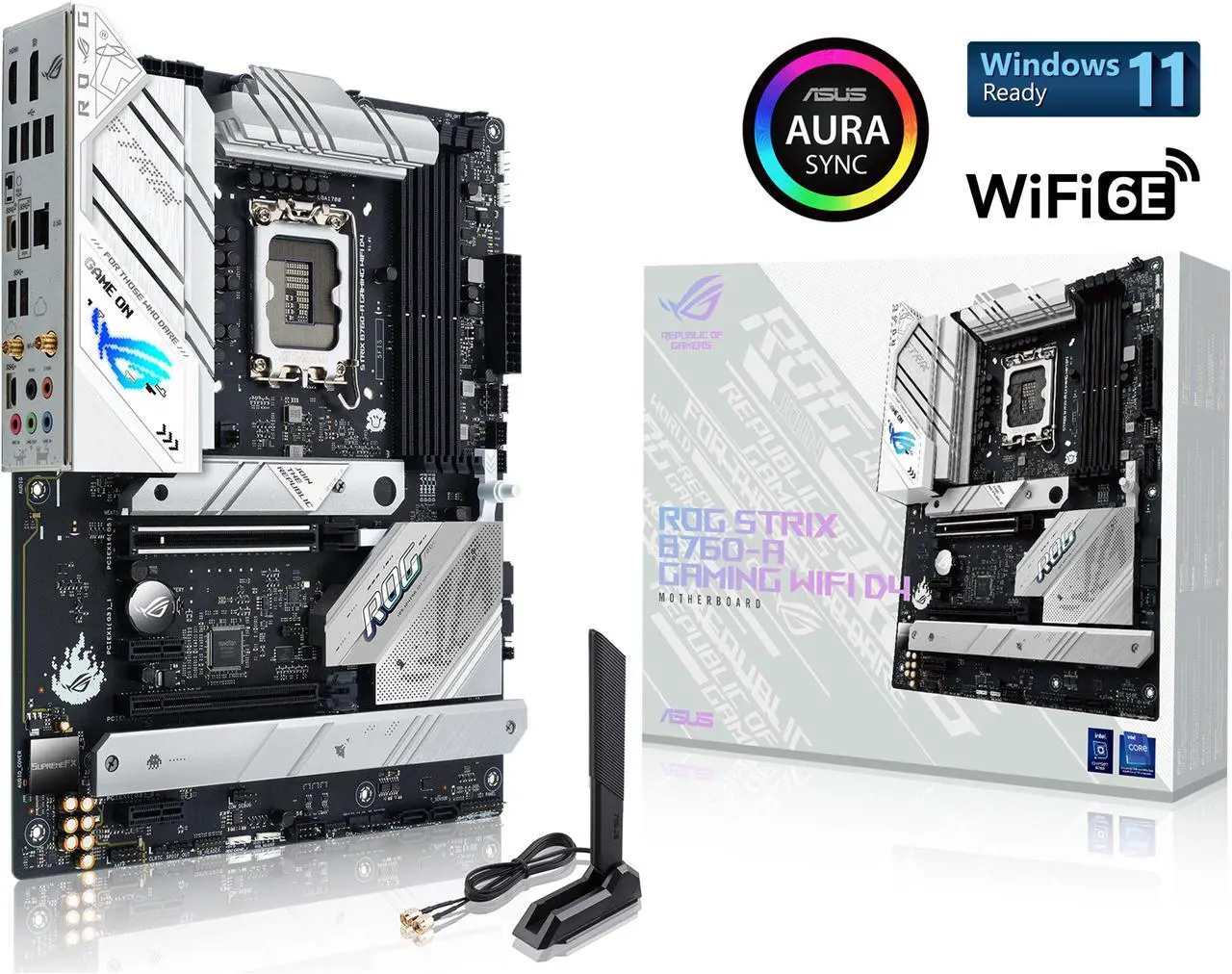 Main image of ASUS ROG Strix B760-A Gaming WiFi D4 Intel B760 (13th and 12th Gen)   LGA 1700 white ATX motherboard, 12 + 1 power stages, DDR4, PCIe 5.0, three M.2 slots, WiFi 6E, USB 3.2 Gen 2x2 Type-C, and Aura Sync RGB