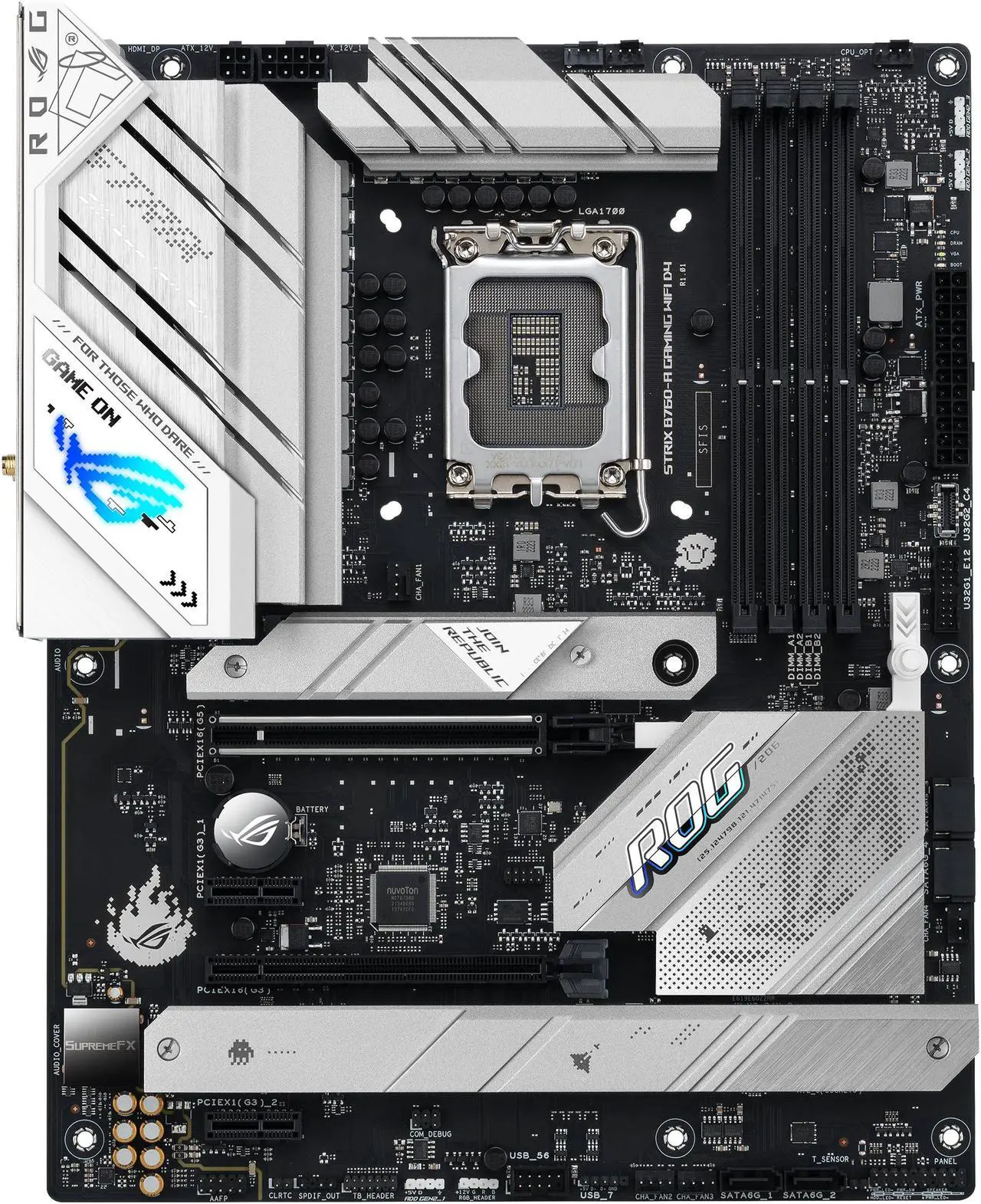 Alt view image 2 of 6 - ASUS ROG Strix B760-A Gaming WiFi D4 Intel B760 (13th and 12th Gen)   LGA 1700 white ATX motherboard, 12 + 1 power stages, DDR4, PCIe 5.0, three M.2 slots, WiFi 6E, USB 3.2 Gen 2x2 Type-C, and Aura Sync RGB