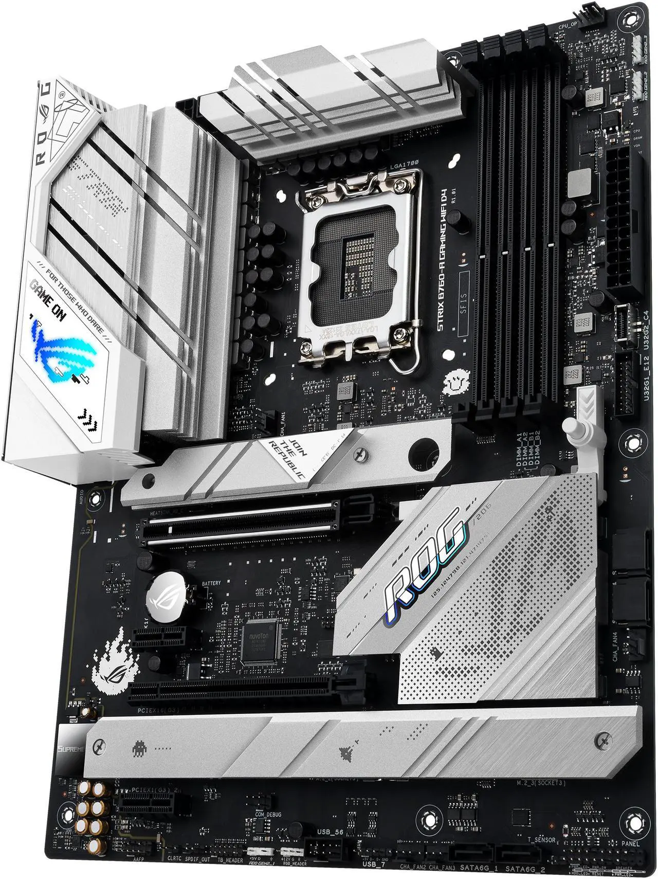 Alt view image 5 of 6 - ASUS ROG Strix B760-A Gaming WiFi D4 Intel B760 (13th and 12th Gen)   LGA 1700 white ATX motherboard, 12 + 1 power stages, DDR4, PCIe 5.0, three M.2 slots, WiFi 6E, USB 3.2 Gen 2x2 Type-C, and Aura Sync RGB