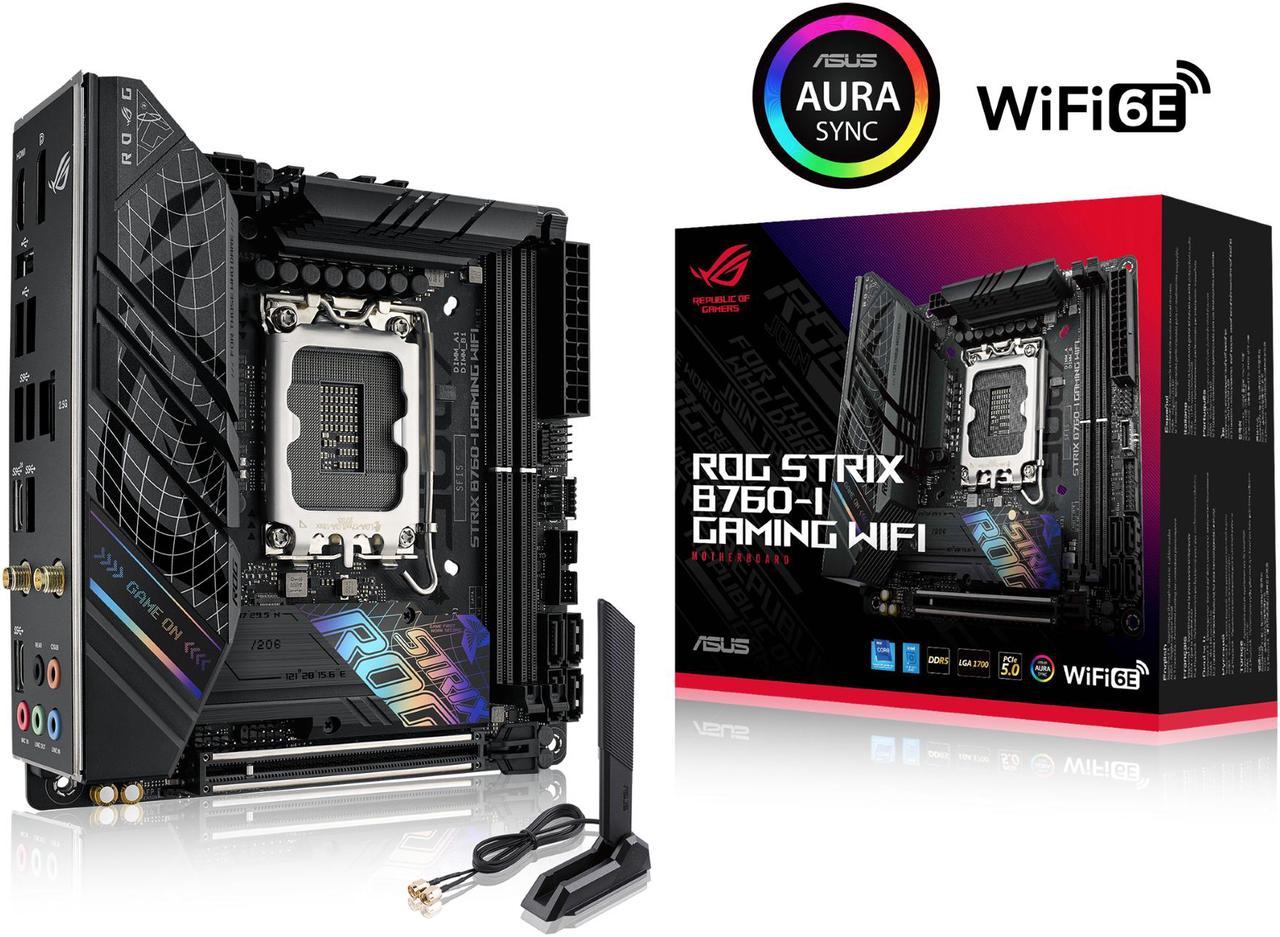 ASUS ROG Strix B760-I Gaming WiFi Intel B760(13th and 12th Gen) LGA 1700 mini-ITX motherboard, 8 + 1 power stages, DDR5 up to 7600 MT/s, PCIe 5.0, two M.2 slots, WiFi 6E, USB 3.2 Gen 2x2 Type-C, and Aura Sync RGB