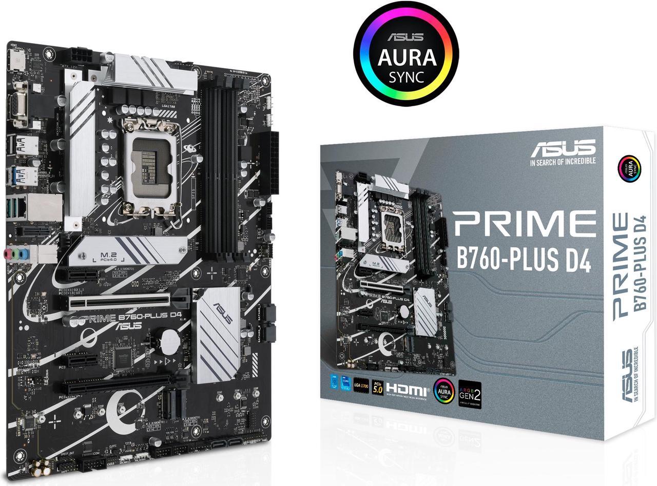 ASUS Prime B760-PLUS D4 Intel B760(13th and 12th Gen) LGA 1700 ATX motherboard with PCIe 5.0, three PCIe 4.0 M.2 slots, DDR4, Realtek 2.5Gb Ethernet, DisplayPort, VGA, HDMI, SATA 6 Gbps, USB 3.2 Gen 2x2 Type-C, front USB 3.2 Gen 1 Type-C