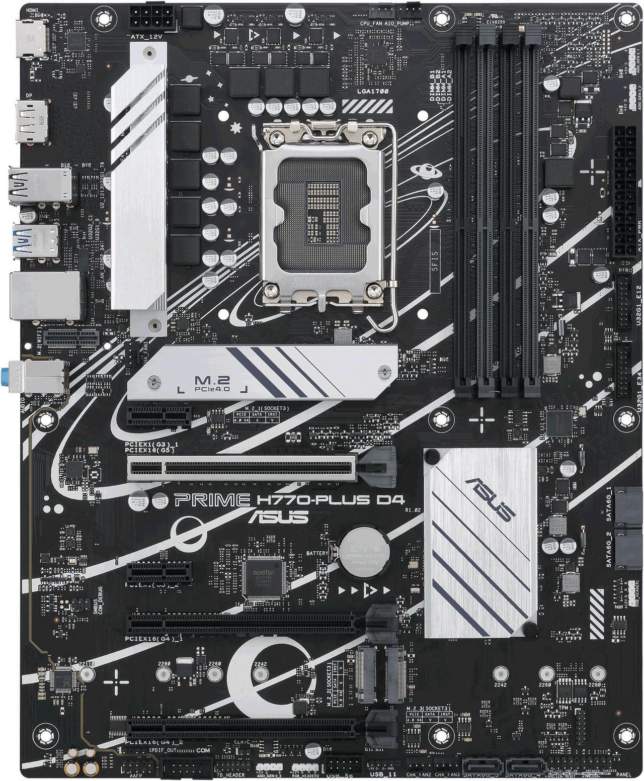 Alt view image 2 of 6 - ASUS Prime H770-PLUS D4 Intel H770( 13th and 12th Gen) LGA 1700 ATX motherboard with PCIe 5.0, 3xPCIe 4.0 M.2 slots, DDR4, 2.5Gb LAN, DisplayPort, HDMI, USB 3.2 Gen 2 Type-C, Thunderbolt™ (USB4) support, Aura Sync