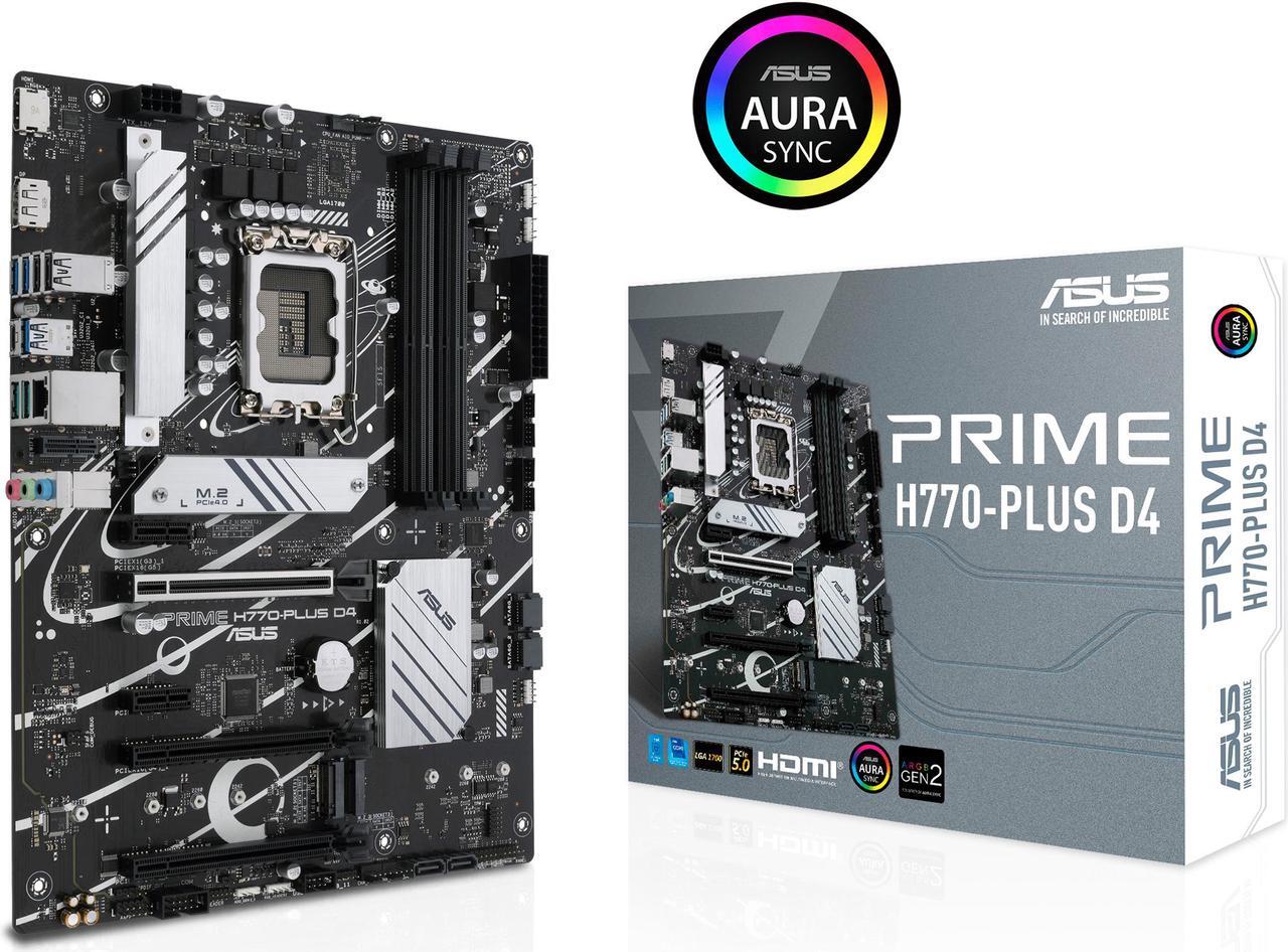 Main image of ASUS Prime H770-PLUS D4 Intel H770( 13th and 12th Gen) LGA 1700 ATX motherboard with PCIe 5.0, 3xPCIe 4.0 M.2 slots, DDR4, 2.5Gb LAN, DisplayPort, HDMI, USB 3.2 Gen 2 Type-C, Thunderbolt™ (USB4) support, Aura Sync