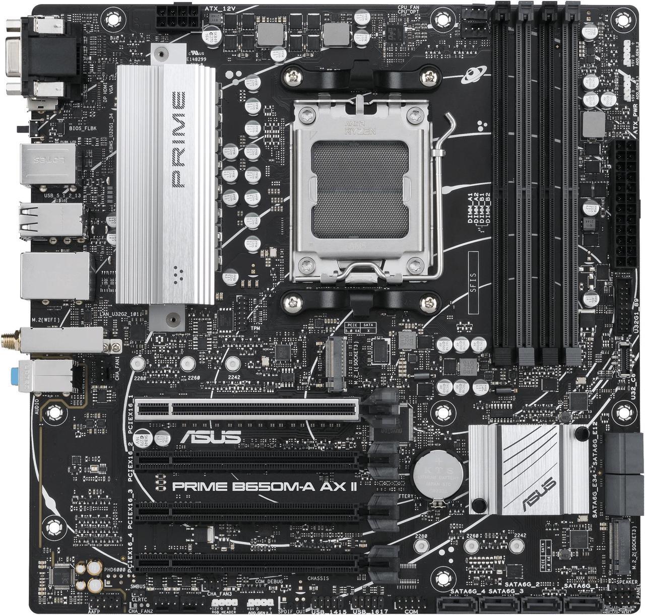 ASUS Prime B650M-A AX II AMD B650(Ryzen 7000) Micro-ATX motherboard(DDR5 6400+(OC) , PCIe 5.0 M.2 support, 2.5Gb Ethernet, Wi-Fi 6, DisplayPort, HDMI,USB 3.2 Gen 2 ports, front USB 3.2 Gen 1 Type-C, BIOS FlashBack, CEC Tier II ready)