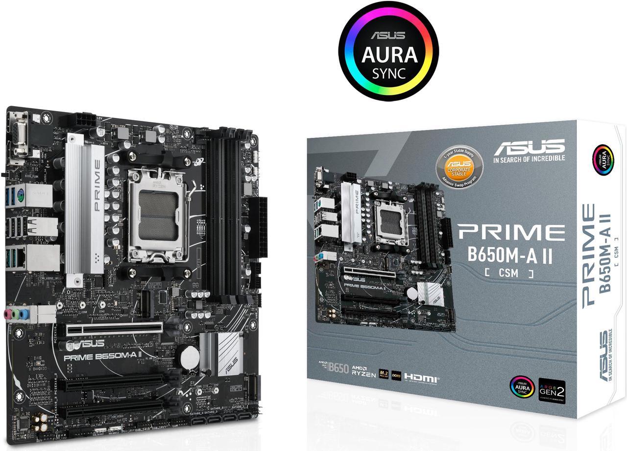 ASUS PRIME B650M-A II-CSM Micro-ATX commercial motherboard, DDR5 6400+(OC), PCIe 5.0 M.2 support, Realtek 2.5Gb Ethernet, DisplayPort, VGA, HDMI, SATA 6 Gbps, USB 3.2 Gen 2 ports, front USB 3.2 Gen 1 Type-C, BIOS FlashBack, Arua Sync