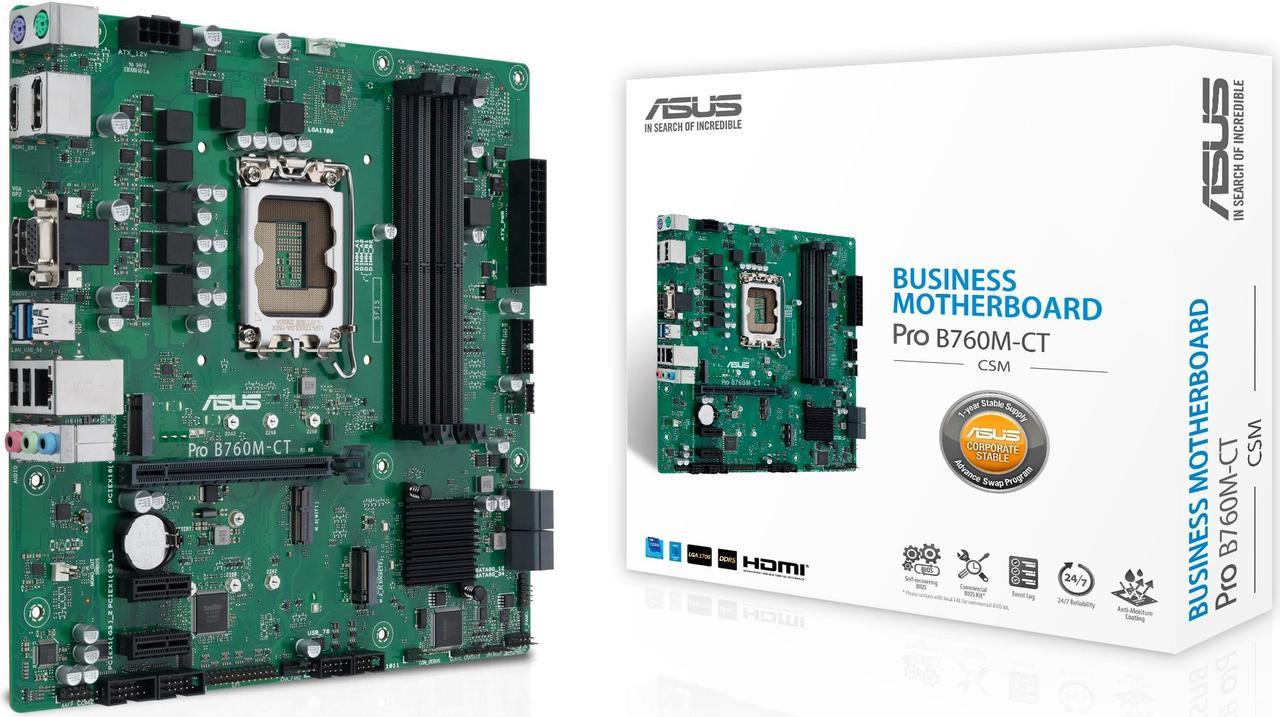 ASUS Pro B760M-CT-CSM Intel socket LGA1700 for 13th&12th Gen Intel processors mATX commercial motherboard,DDR5,PCIe 4.0,two M.2 PCIe 4.0 slots, front USB 3.2 Gen 1 Type-C, dual Display ports, HDMI, D-Sub,TPM IC onboard, Q-LED Core