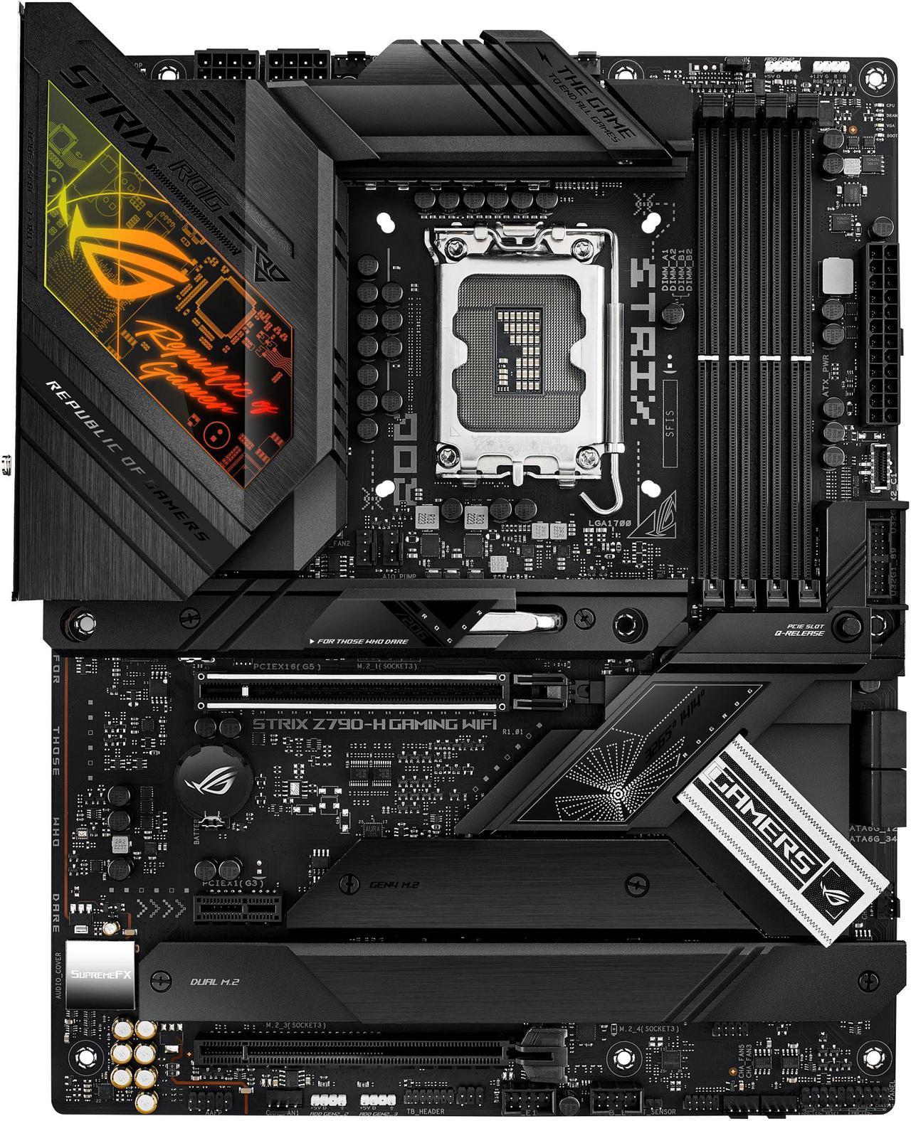 ASUS ROG STRIX Z790-H Gaming (WiFi 6E) LGA 1700(Intel14th &13th&12th Gen) ATX gaming motherboard(DDR5 up to 7800 MT/s, PCIe 5.0 x16 SafeSlot with Q-Release, 4xPCIe 4.0 M.2 slots,USB 3.2 Gen 2x2 Type-C, front-panel connector, AI Motherboard)