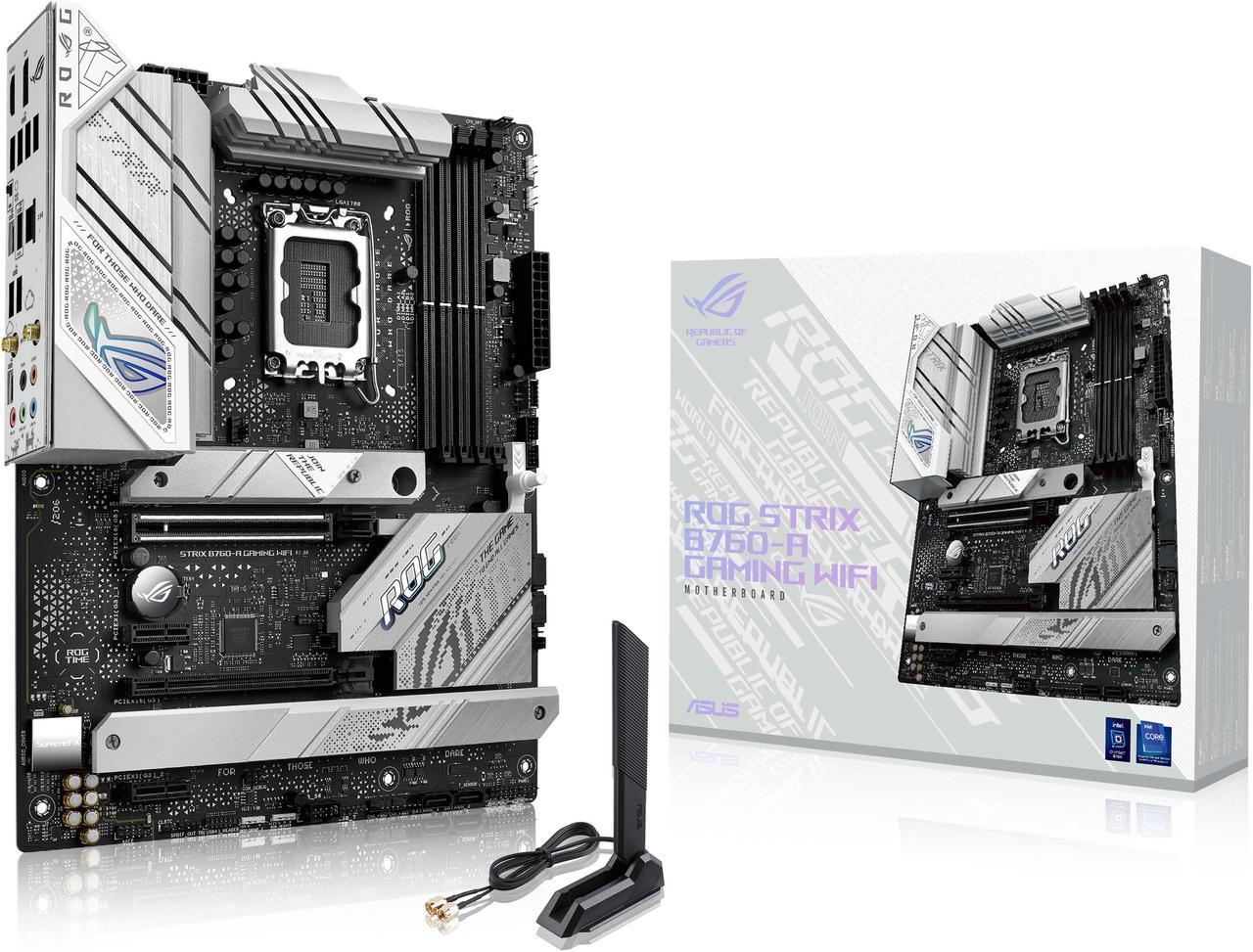 ASUS ROG Strix B760-A Gaming WiFi Intel B760 (13th and 12th Gen) LGA 1700 white ATX motherboard, 12 + 1 power stages, DDR5, PCIe 5.0,three M.2 slots, WiFi 6E, USB 3.2 Gen 2x2 Type-C, and Aura Sync RGB