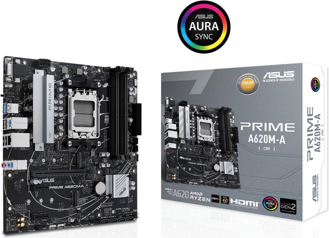 ASUS PRIME A620M-A-CSM AMD AM5(Ryzen 7000) mATX commercial motherboard (PCIe 4.0, DDR5,,2xM.2 slots, 1Gb LAN,DisplayPort/HDMI,USB 3.2 Gen 1 ports, Front USB Type-C, BIOS Flashback, RGB header,ACCE)