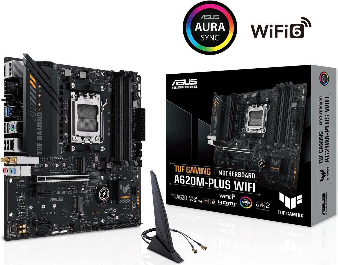 ASUS TUF GAMING A620M-PLUS WiFi AMD AM5 Ryzen7000 microATX gaming motherboard DDR5, PCIe 4.0, 2xM.2 slots,2.5Gb Ethernet,Wi-Fi 6, 2 x DisplayPort, HDMI, USB 3.2 Gen 1 ports, front USB 3.2 Gen 1 Type C