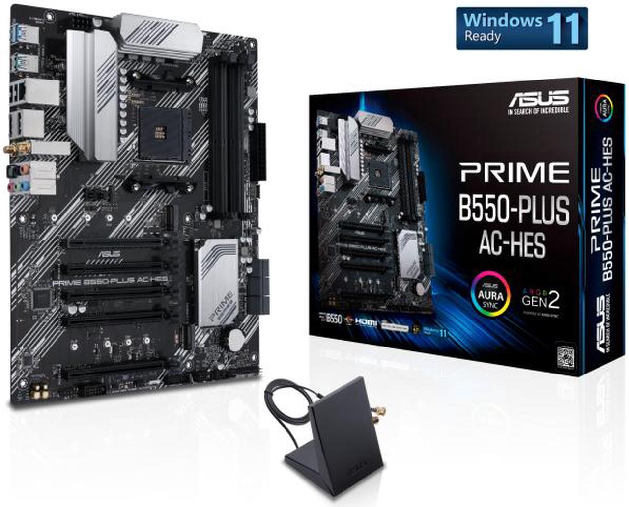 Main image of ASUS Prime B550-PLUS AC-HES AMD AM4 (3rd Gen Ryzen) ATX motherboard (dual M.2, PCIe 4.0, WIFI 5, 1 Gb Ethernet, DisplayPort/HDMI, SATA 6 Gbps, USB 3.2 Gen 2 Type-C, front USB 3.2 Gen 1 Type-C