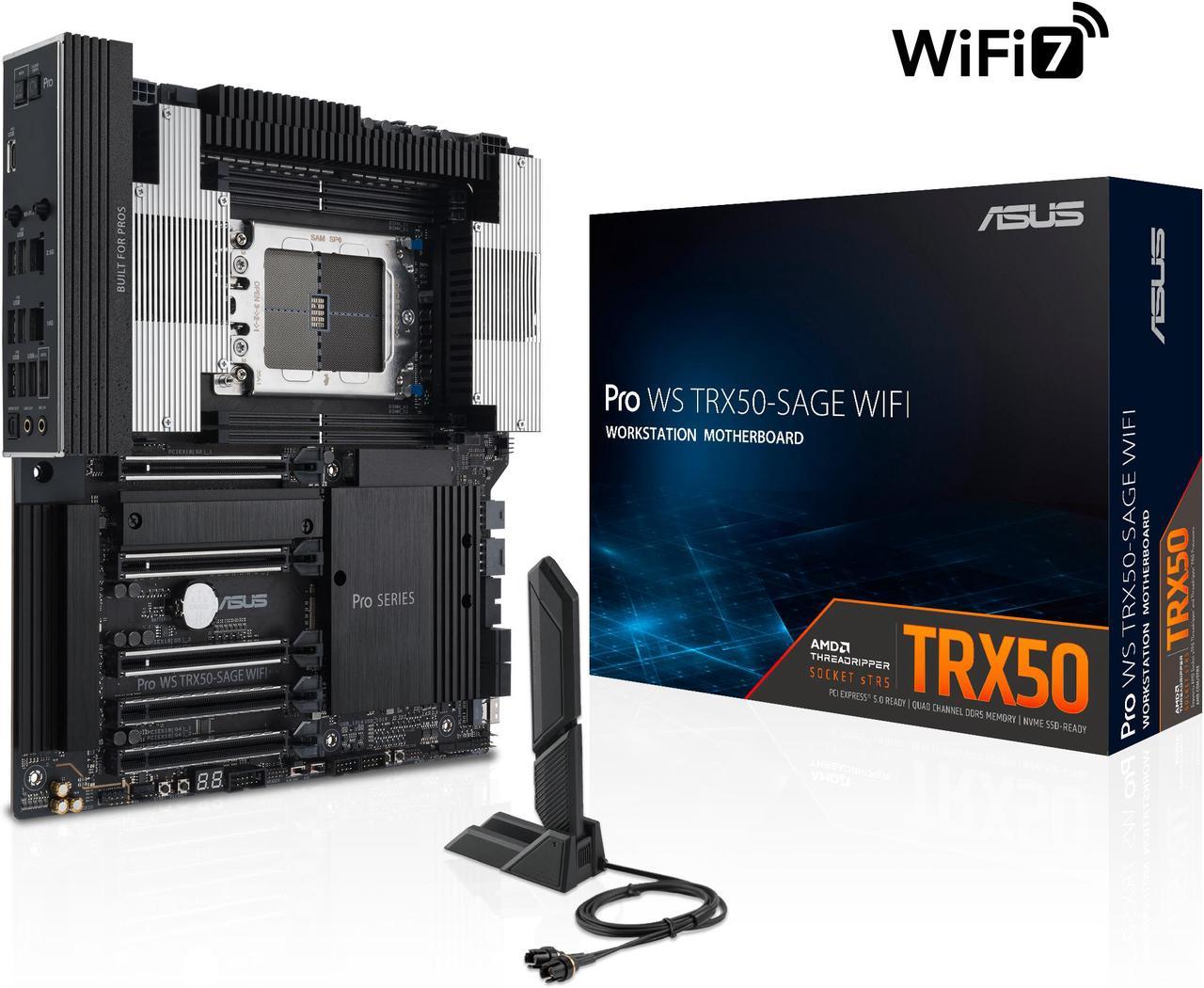 ASUS Pro WS TRX50-SAGE WIFI CEB Workstation motherboard, AMD Ryzen™ Threadripper™ PRO 7000 WX-Series Processors,ECC R-DIMM DDR5, 36 power-stage, WiFi 7,PCIe 5.0 x 16, PCIe 5.0 M.2, 10 Gb and 2.5 Gb LAN, multi-GPU support.