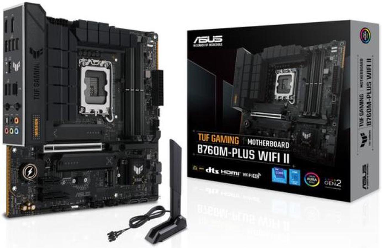 TUF GAMING B760M-PLUS WIFI II Intel B760 LGA 1700 mATX motherboard with PCIe 5.0, three 4.0 M.2 slots, DDR5, WiFi 6E With Q-Antenna, Realtek 2.5Gb Ethernet, DisplayPort, HDMI™, SATA 6 Gbps, USB 20Gbps Type-C, front USB 10Gbps Type-C