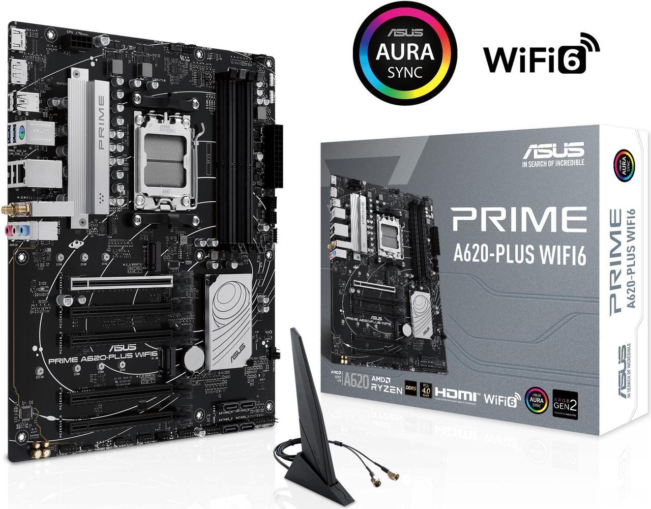 PRIME A620-PLUS WIFI6 AMD A620 AM5 ATX motherboard, DDR5, PCIe 4.0 support, dual M.2 slots, WiFi 6, DisplayPort/HDMI™, Rear & Front USB 5Gbps Type-C®, SATA 6 Gbps, Two-Way AI Noise Cancelation, Aura Sync