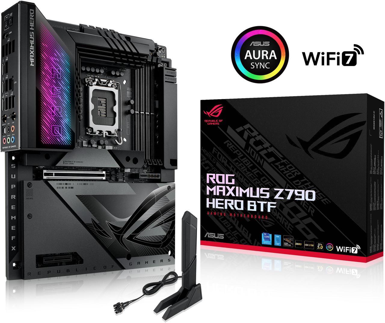 ROG MAXIMUS Z790 HERO BTF Intel® Z790 LGA 1700 ATX motherboard with hidden-connector design and graphics card high-power slot for clean cable management, 20+1+2 power stages, DDR5 support with AEMP II & DIMM Flex, five M.2 slots,