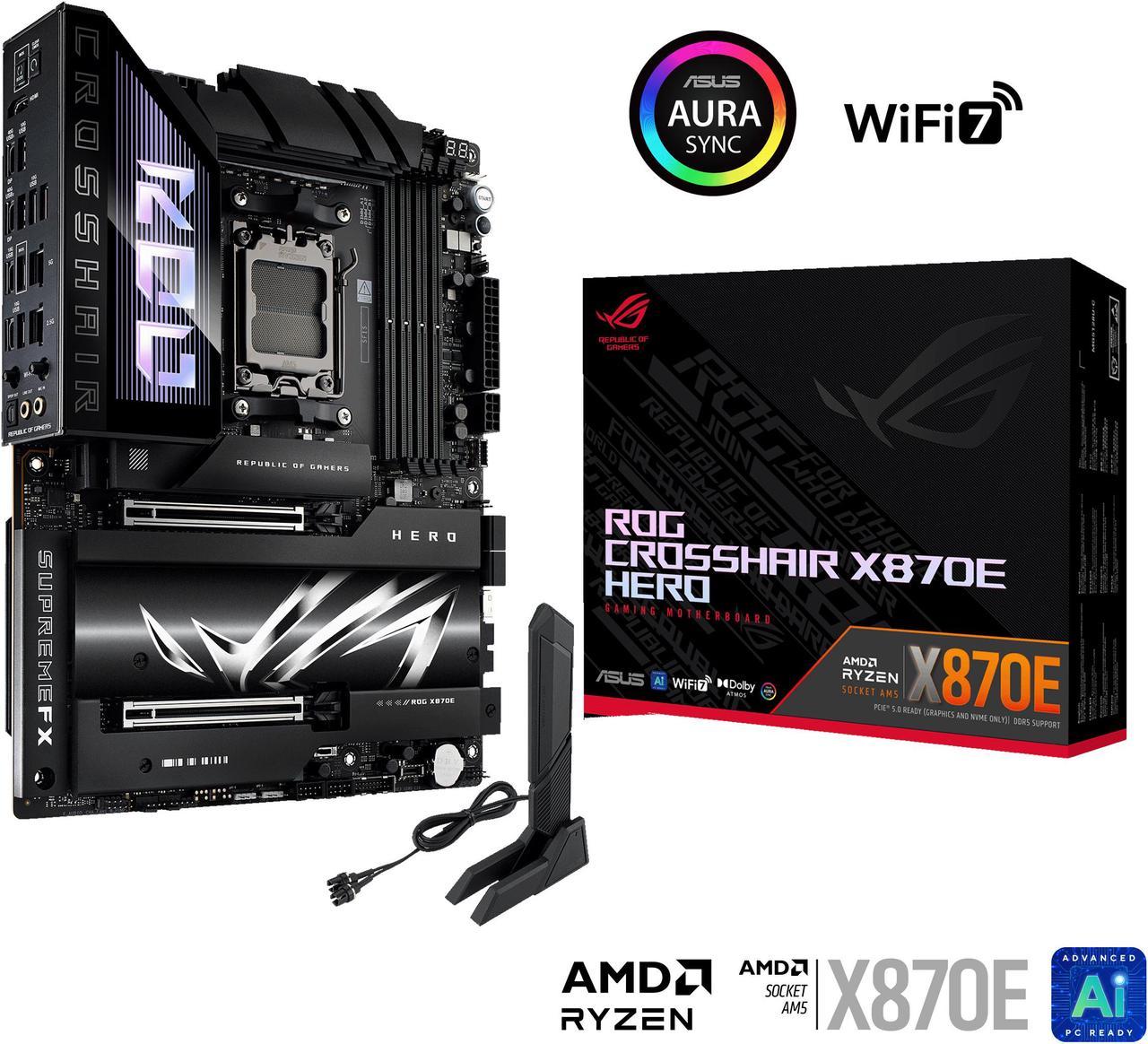 ASUS ROG CROSSHAIR X870E HERO AMD X870E AM5 ATX motherboard, Advanced AI PC ready, 18+2+2 power stages, DDR5, PCIe 5.0, 5x M.2, Wi-Fi 7, USB4, AI Overclocking, Core Flex, PCIe Slot Q-Release Slim