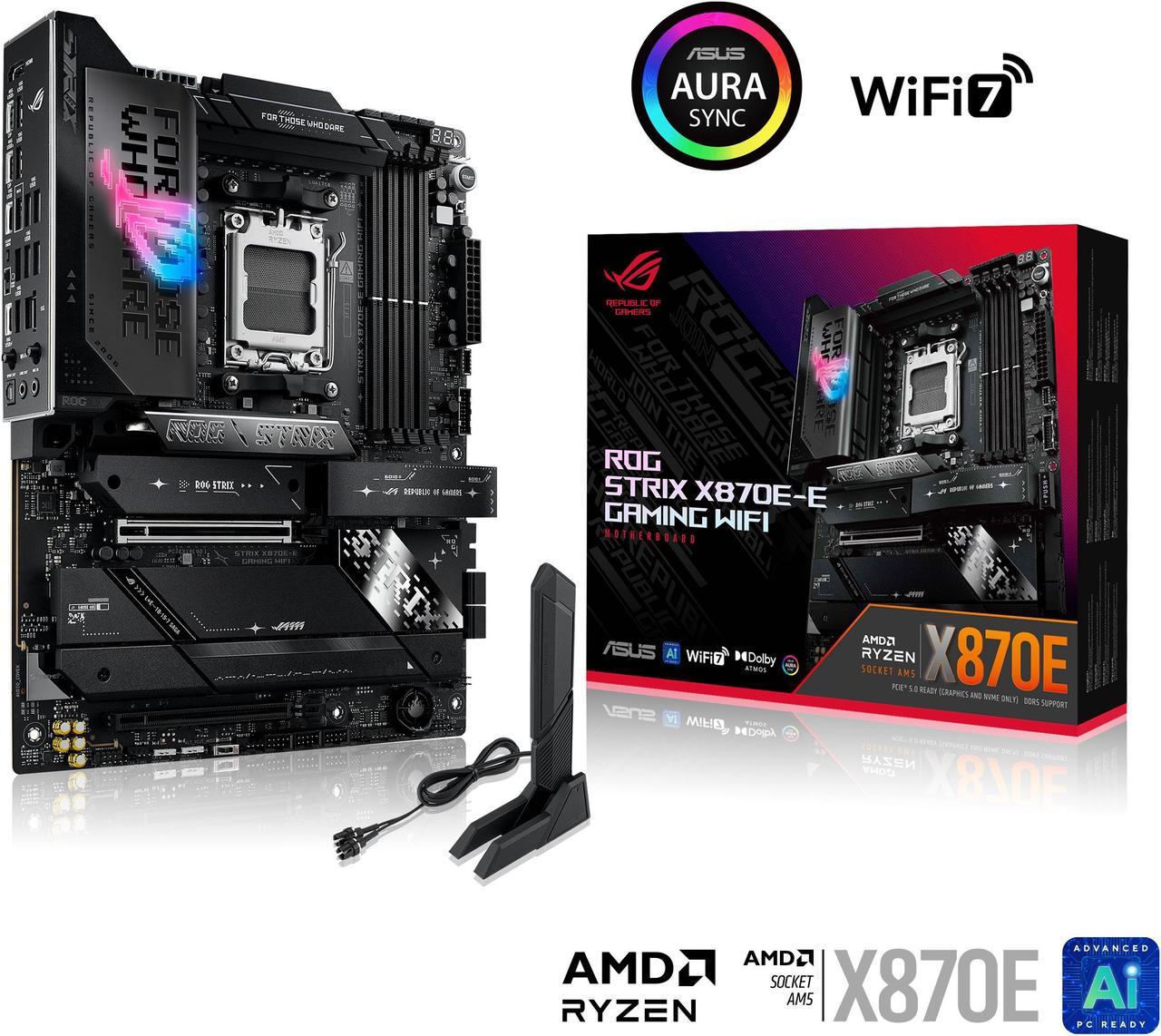 ASUS ROG STRIX X870E-E GAMING WIFI AMD AM5 X870 ATX motherboard 18+2+2 power stages, Dynamic OC Switcher, Core Flex, DDR5 AEMP, WiFi 7, 5x M.2, PCIe 5.0, Q-Release Slim, USB4, AI OCing & Networking