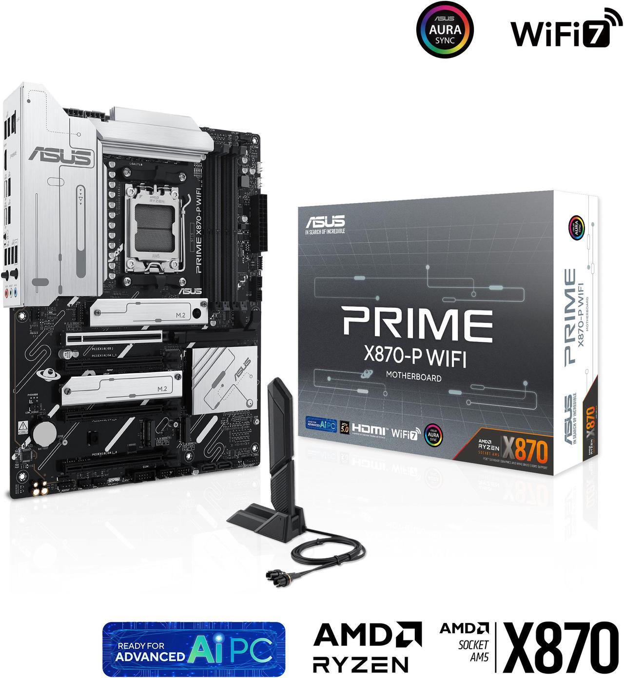 ASUS PRIME X870-P WIFI AMD AM5 X870 ATX motherboard 14+2+1 80A DrMOS power stages, DDR5, PCIe 5.0 , PCIe 5.0 x16, Q-Release, 4x M.2 , Wi-Fi 7, Q-Antenna, 2.5Gb LAN, USB4, USB Type-C, BIOS FlashBack