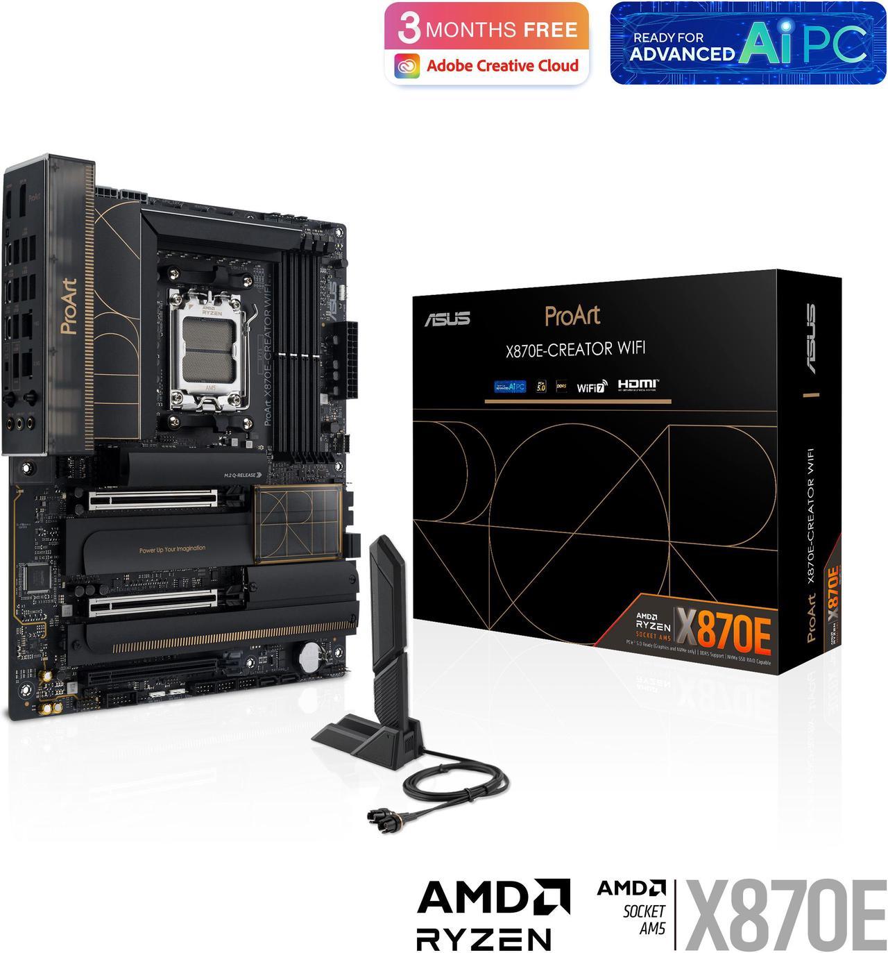 ASUS ProArt X870E-CREATOR WIFI AMD AM5 X870E ATX Motherboard PCIe 5.0 x16 slots with full support for next-gen GPUs, 16+2+2 power stages, DDR5, dual USB4, 10 Gb & 2.5 Gb LAN, WiFi 7, four M.2 slots