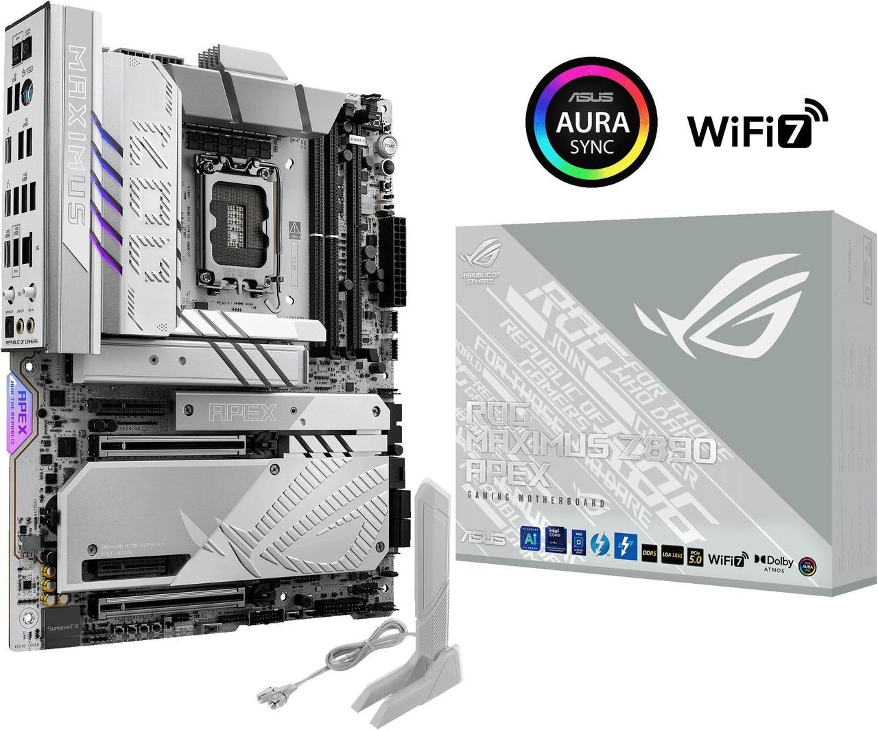 ASUS ROG MAXIMUS Z890 APEX Intel® Z890 LGA 1851 ATX motherboard, Advanced AI PC-ready, 22+2+1+2 stages, DDR5, WiFi 7, 5G LAN, 3x PCIe® 5.0 M.2, Thunderbolt™ 4, USB Type-C®, AI OC, Cooling & Networking